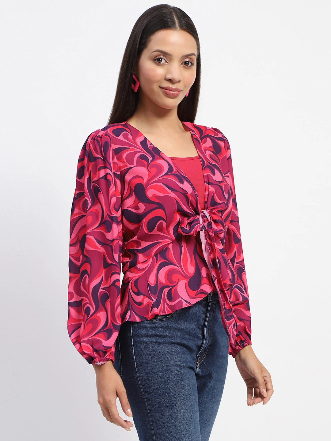 HypoallergenicConstruction NonIrritatingSeams Madame Abstract Print Tie Front Pink Top