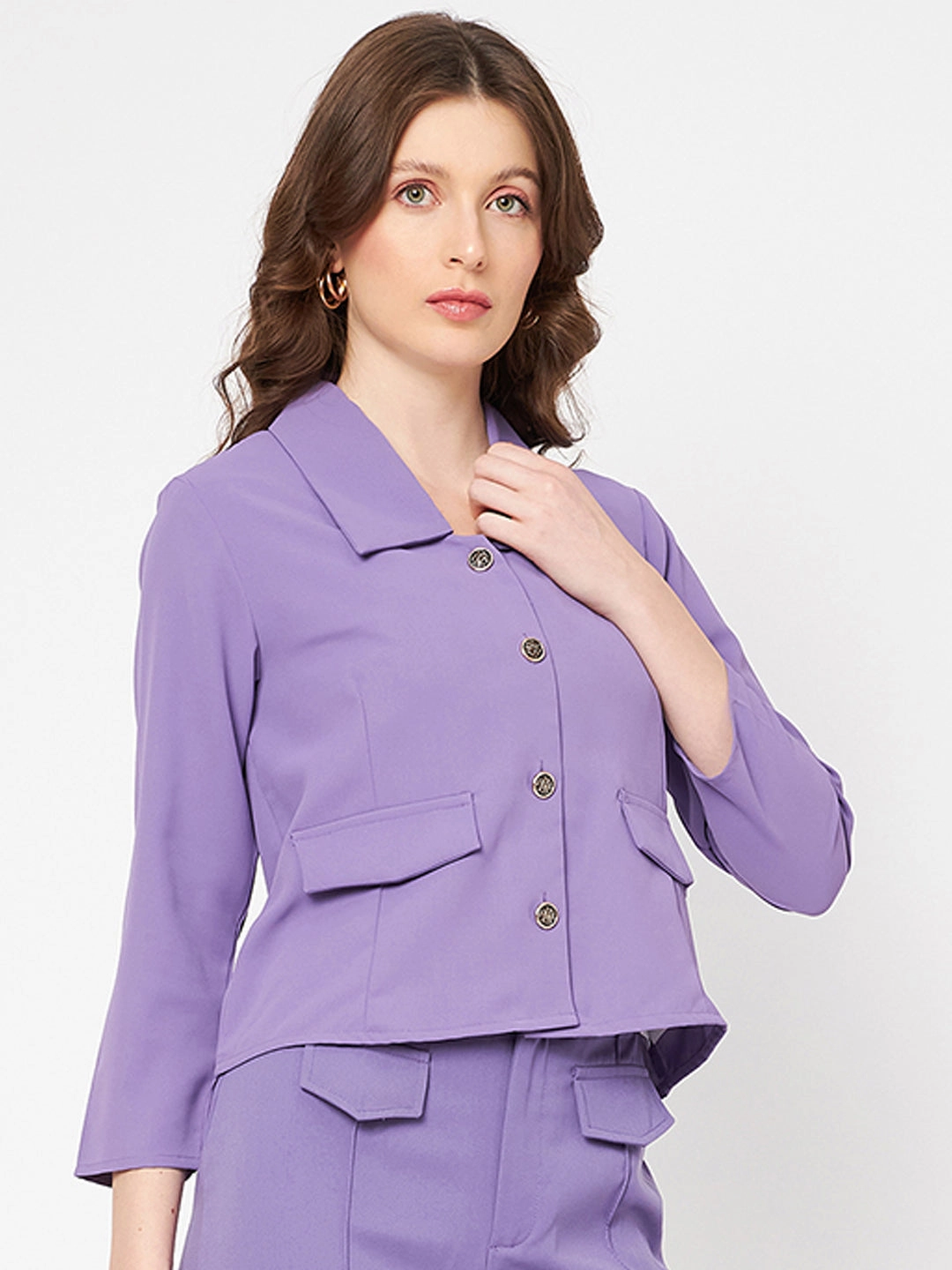 Temperature Regulating Lining Reinforced Shoulders Madame Flat Collar Solid Lilac Blazer