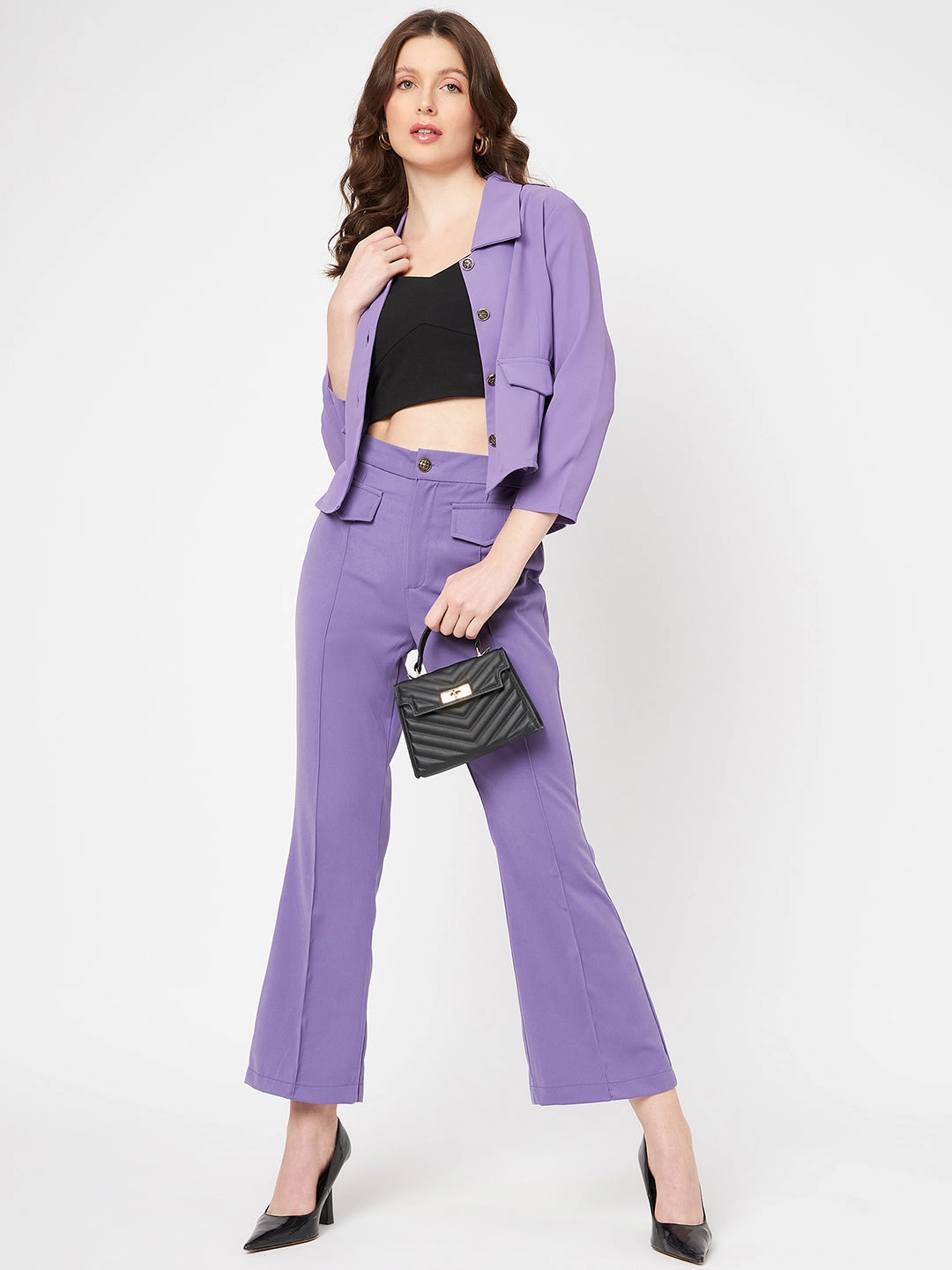 Glove Compatible Cuffs Madame Flat Collar Solid Lilac Blazer