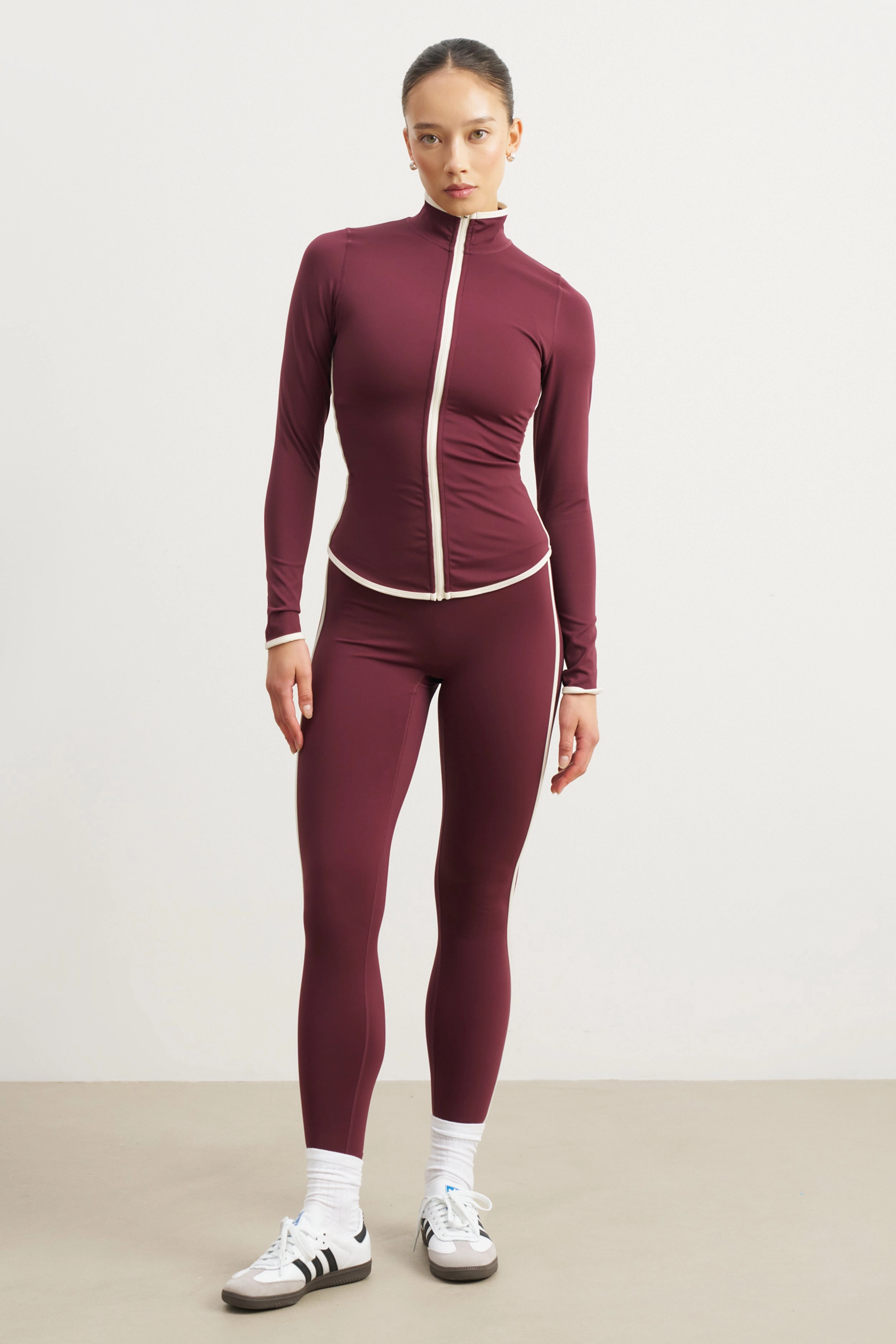 RibbedCuff Base Contrast Trim Zip Up Jacket - Merlot/Tofu