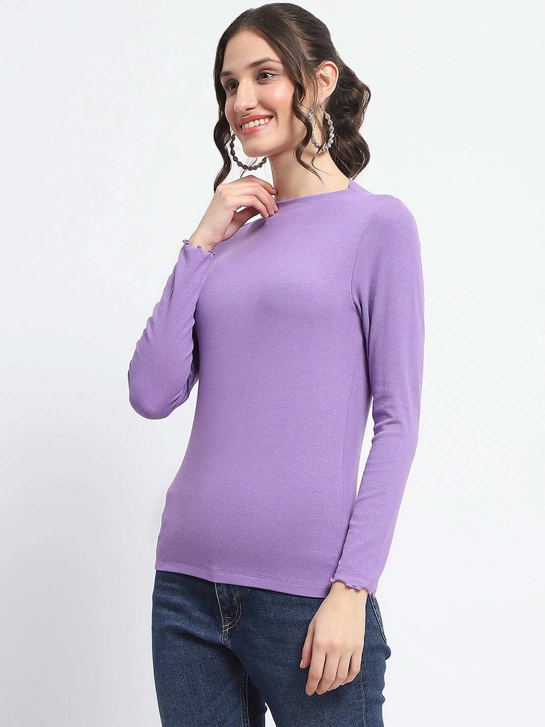 Madame High Neck Full Sleeve Solid Purple Top OEKOTEX Certified Fabric