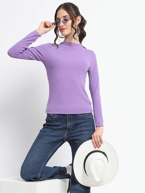 Madame High Neck Full Sleeve Solid Purple Top CompressionSupportWeave