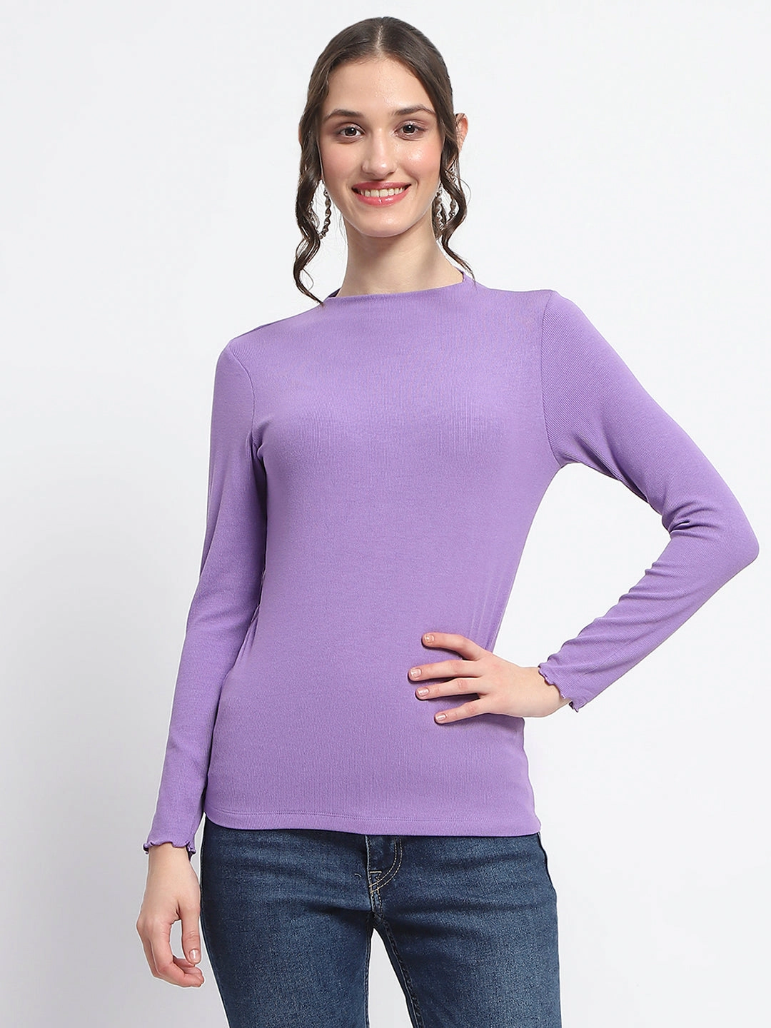 Madame High Neck Full Sleeve Solid Purple Top DurableZipper