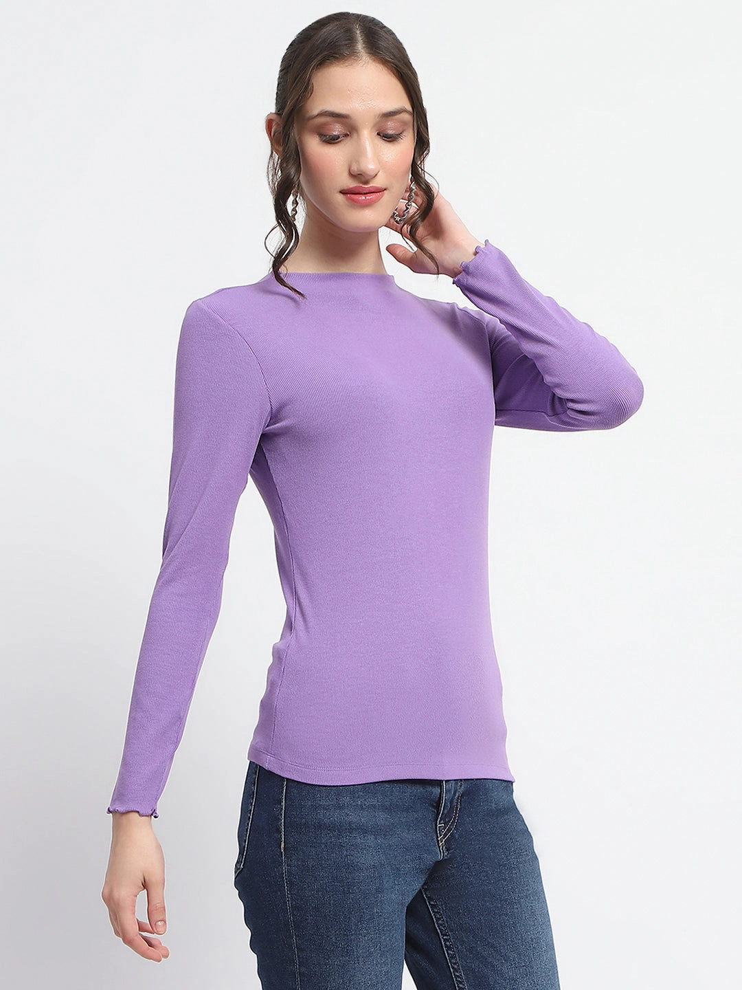 Madame High Neck Full Sleeve Solid Purple Top FlatlockStitching