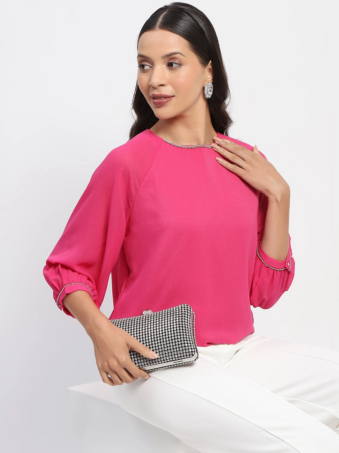 Madame Embellished Puffed Sleeve Hot Pink Top LayeredDurability
