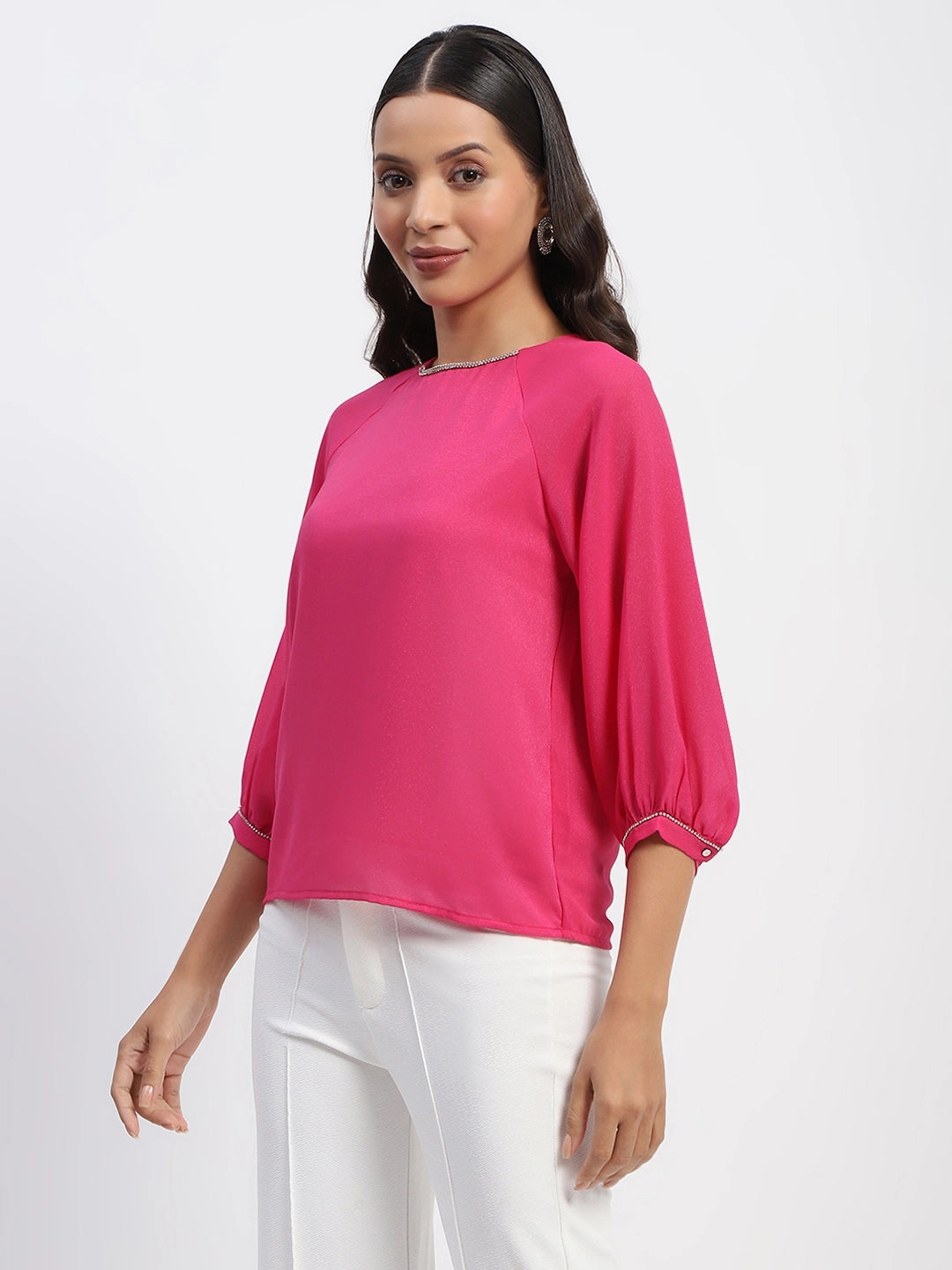 Madame Embellished Puffed Sleeve Hot Pink Top DoubleLayeredCollar Flexible Neckline