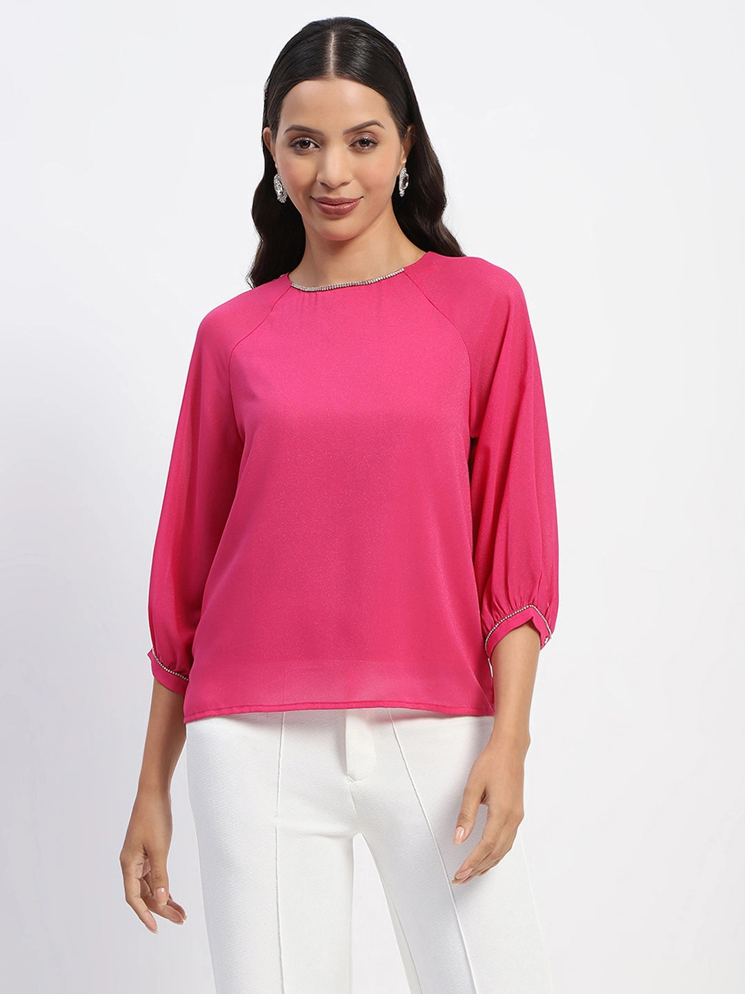 Madame Embellished Puffed Sleeve Hot Pink Top ArticulatedElbowShaping Built In Filter Layer