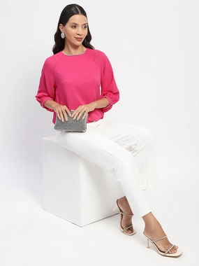 Layered Shoulder Madame Embellished Puffed Sleeve Hot Pink Top