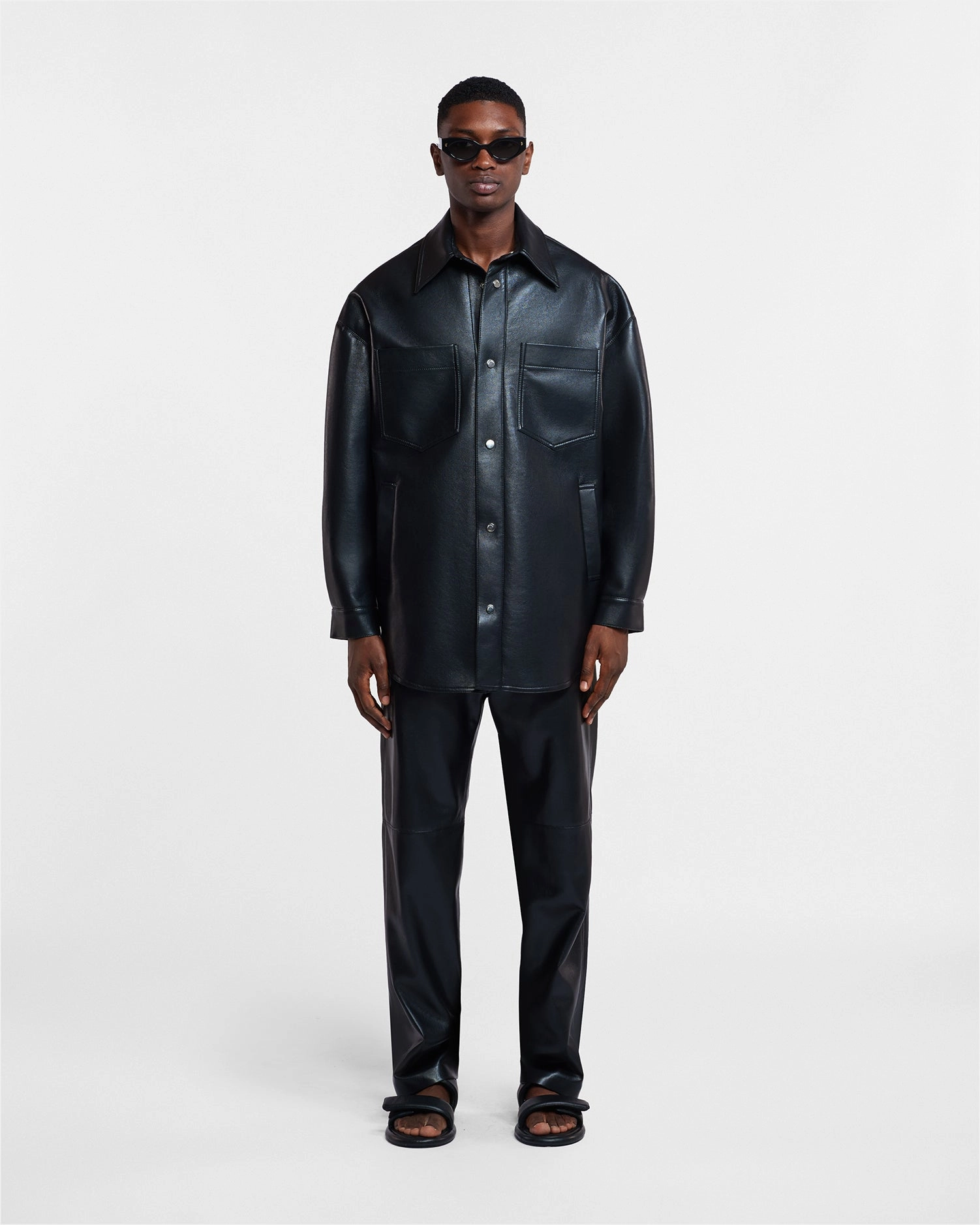 Yarn Dyed Fabric Martin - Regenerated Leather Overshirt - Black