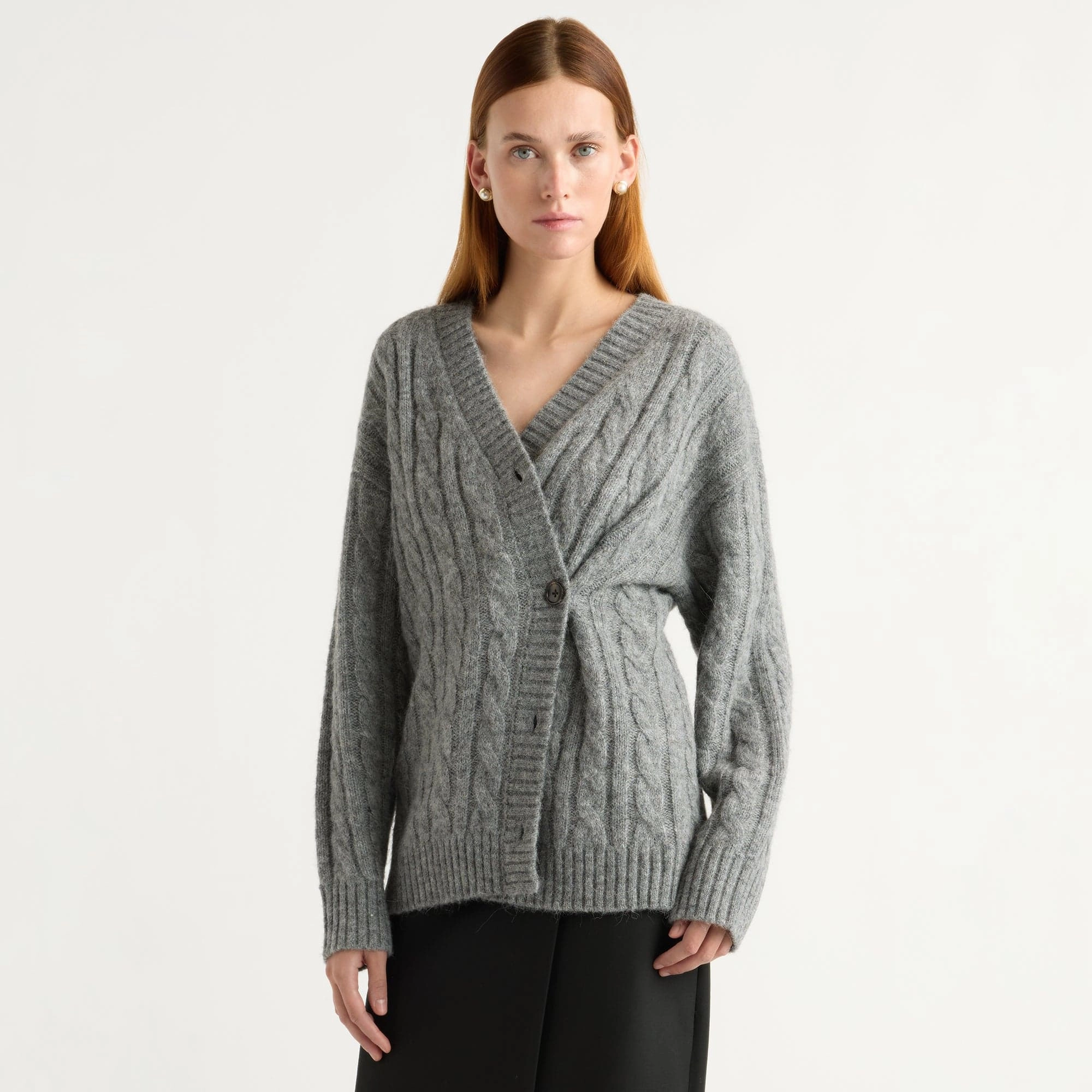 Comfy Knit Outfit Ribbed Hem Hikari Asymmetric Cable Knit Cardigan
