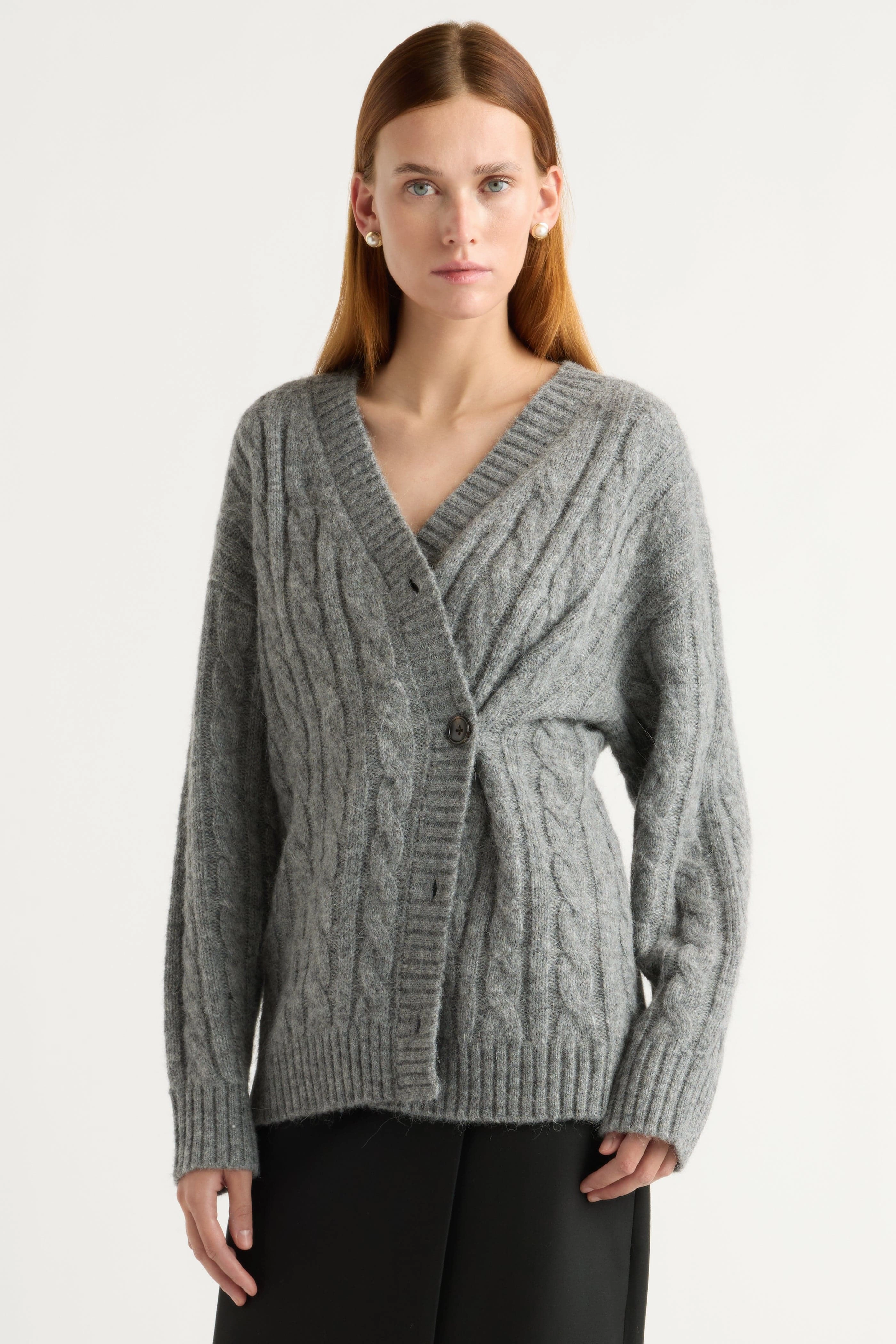 Hikari Asymmetric Cable Knit Cardigan Easy Care Fabric Biodegradable Fiber Option
