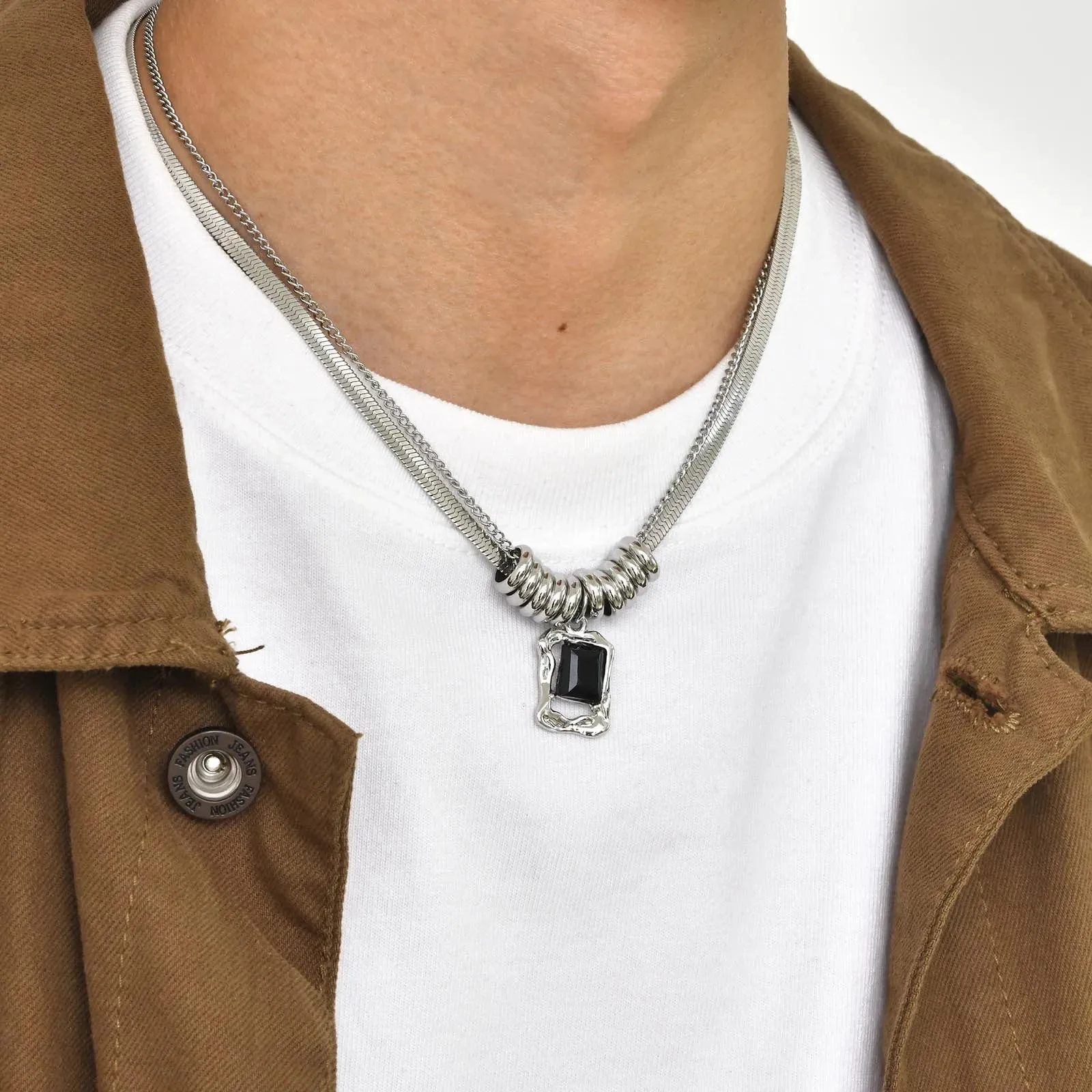 Hip-hop Herringbone Chain Necklaces,Stainless Steel Geometric Pendant