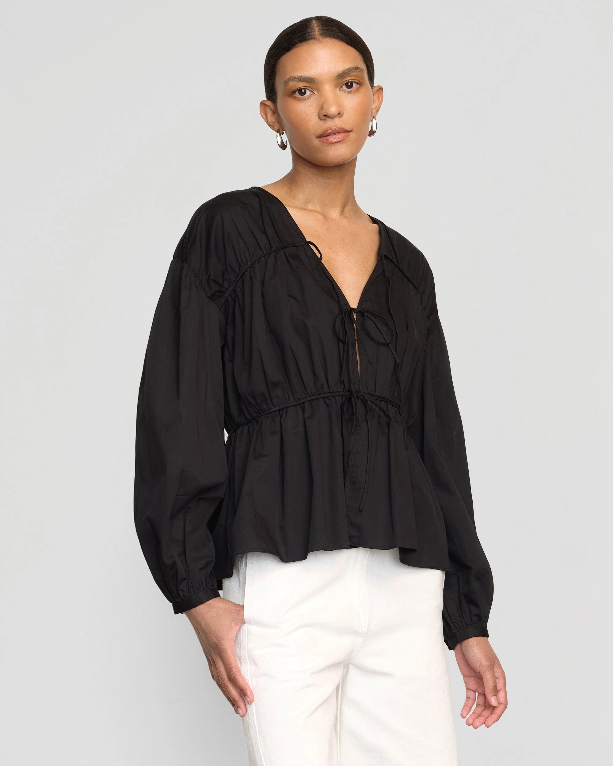 Hira Tie-Front Organic Cotton Blouse DoubleStitching Quick Access Zipper