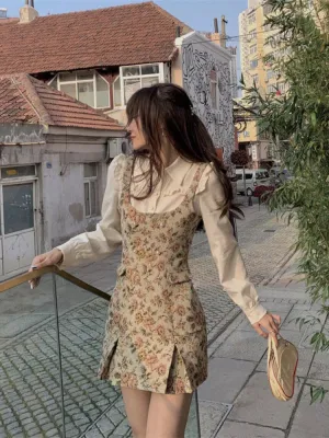 Hnzxzm Elegant Vintage Floral Dress Women Fake Two Piece Patchwork Ruffles Chic Korean Fashion Female Dresses Autumn