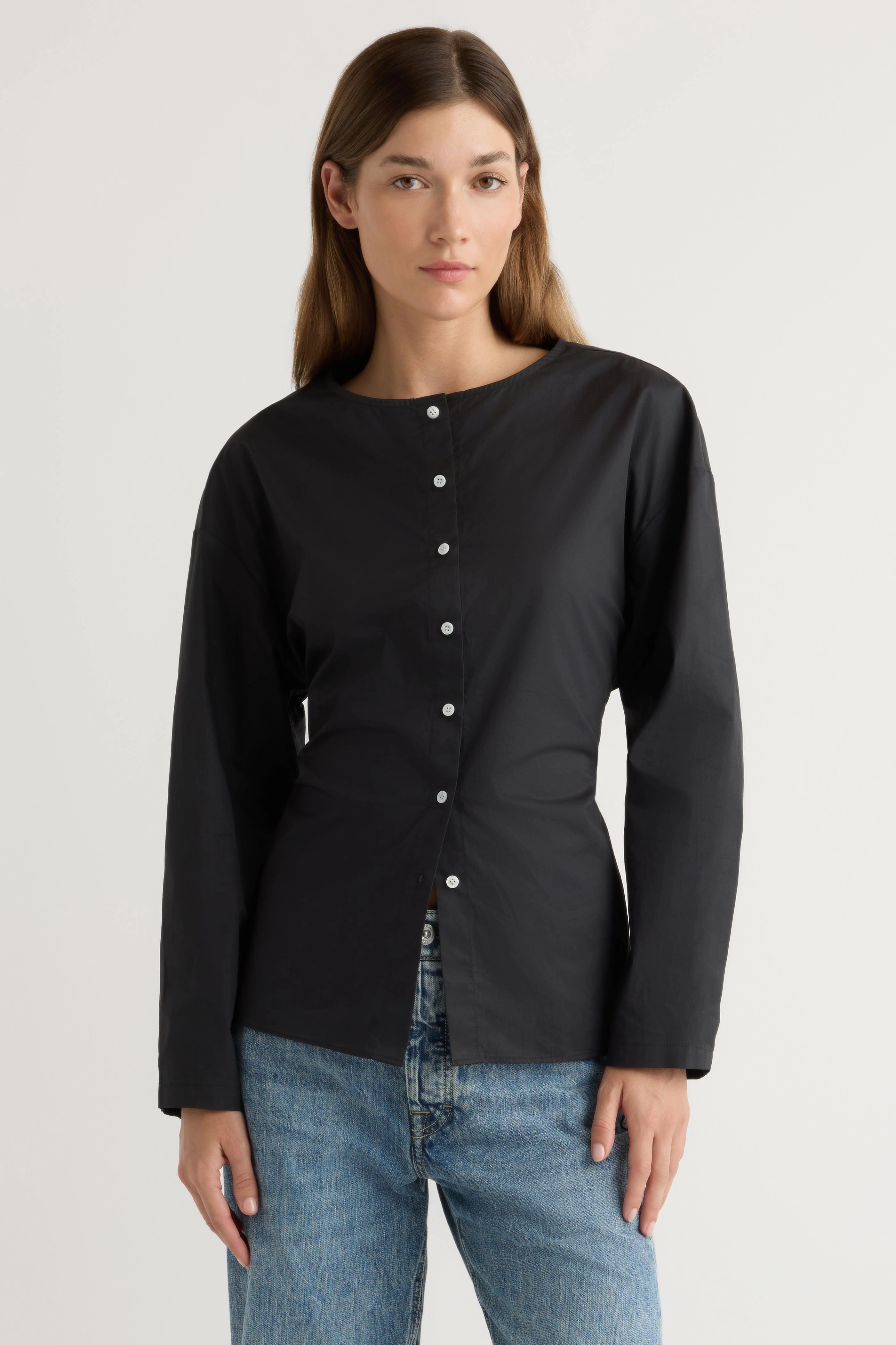 WrinkleFree Finish FoldableFeature Jinsol Cinch-Waist Cotton Poplin Blouse