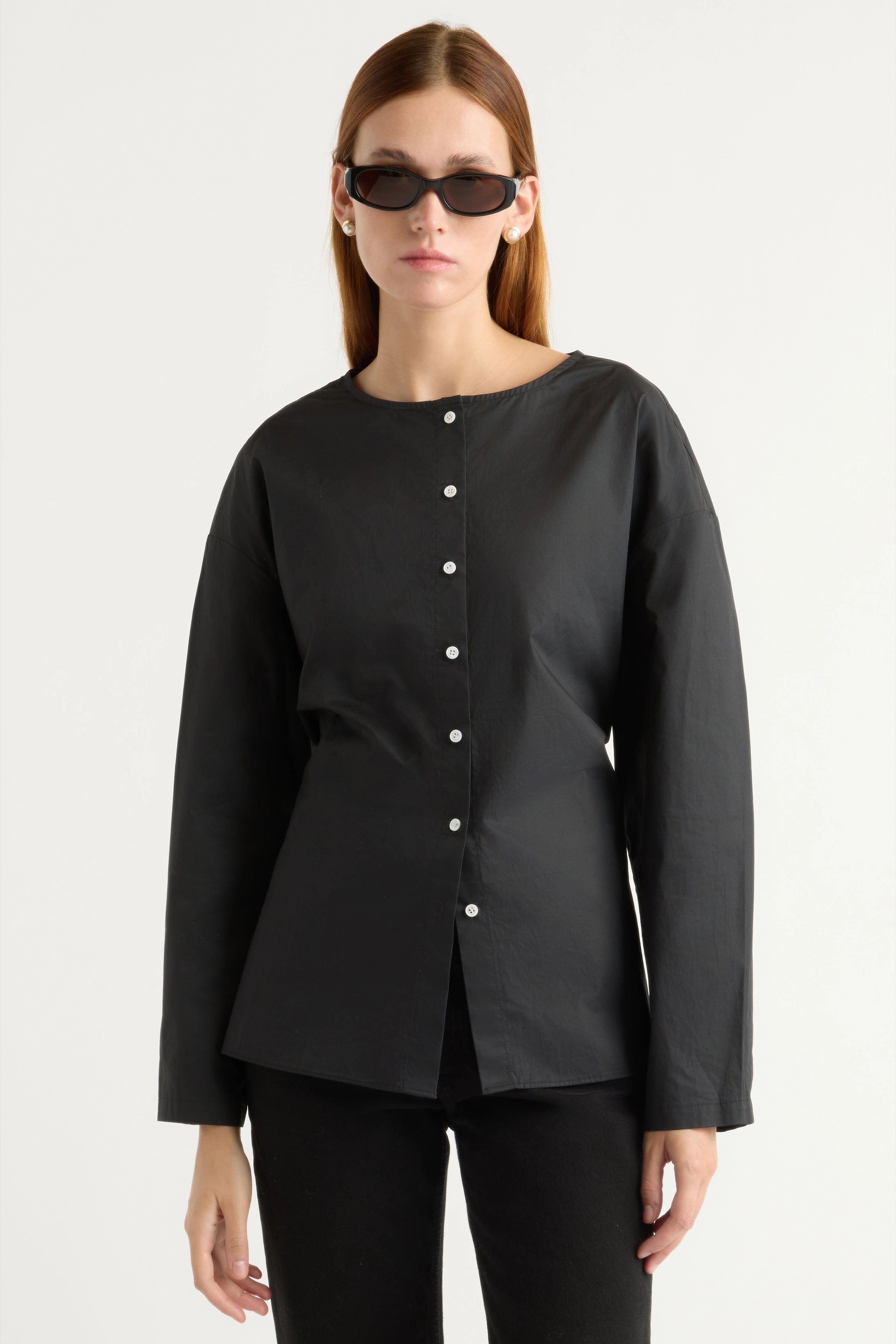Jinsol Cinch-Waist Cotton Poplin Blouse ThermalRegulating