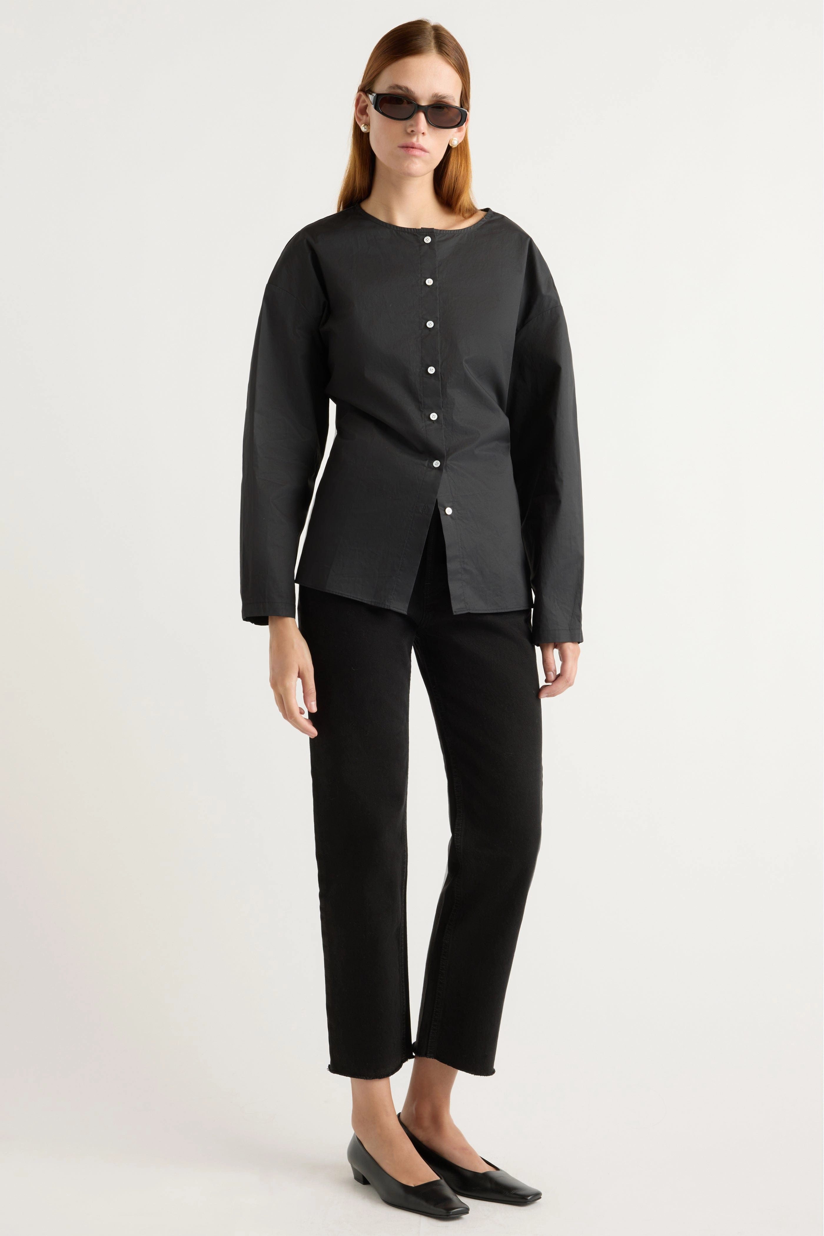 Stretchable Waistband DoubleLayered Collar Jinsol Cinch-Waist Cotton Poplin Blouse