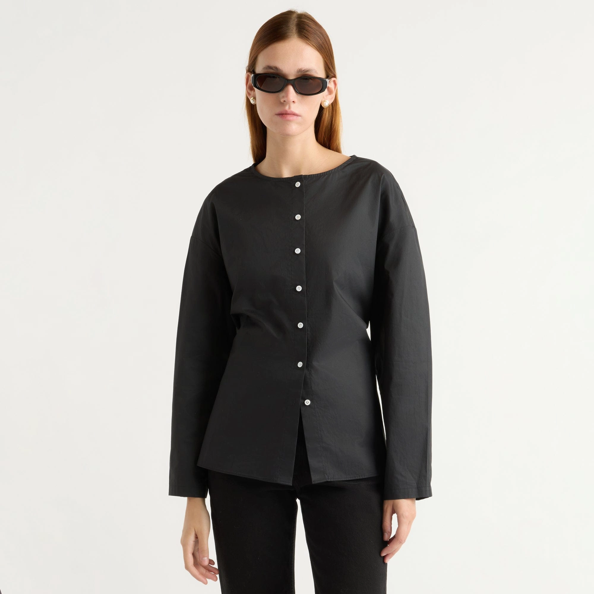 Elegant Cut Jinsol Cinch-Waist Cotton Poplin Blouse