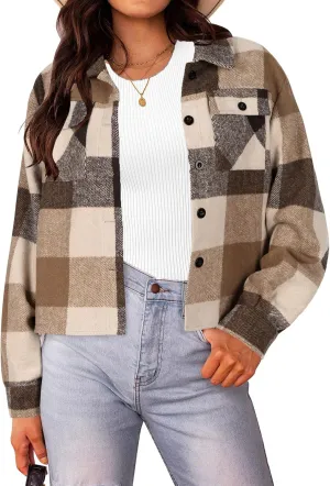 HOTOUCH Womens Flannels Fall Cropped Shacket Plaid Jacket Long Sleeve Button Down Coat 2024 Fall Fashion Trendy Outfits