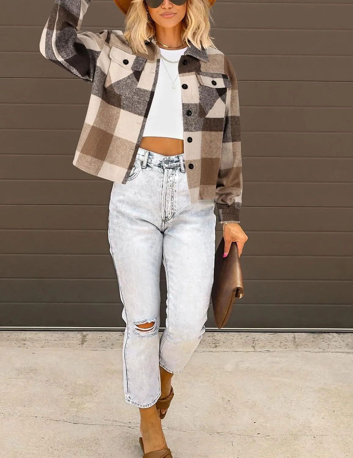 HOTOUCH Womens Flannels Fall Cropped Shacket Plaid Jacket Long Sleeve Button Down Coat 2024 Fall Fashion Trendy Outfits