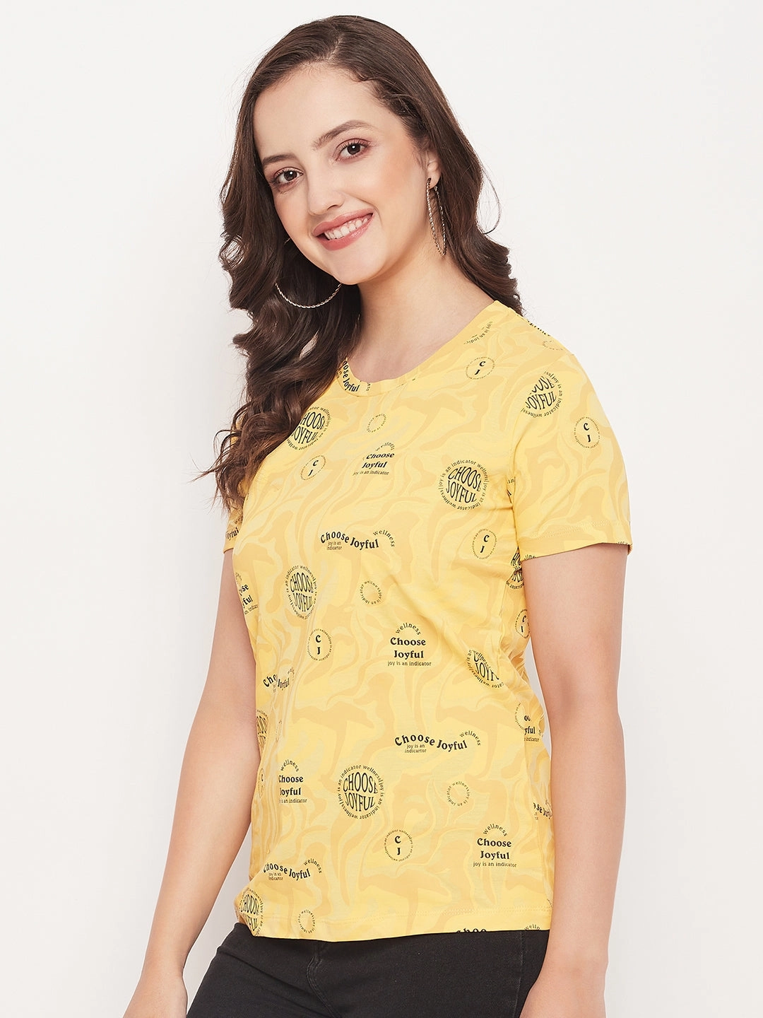 Neutral Color Curved Hem Madame Mustard Printed Regular Fit T-Shirt