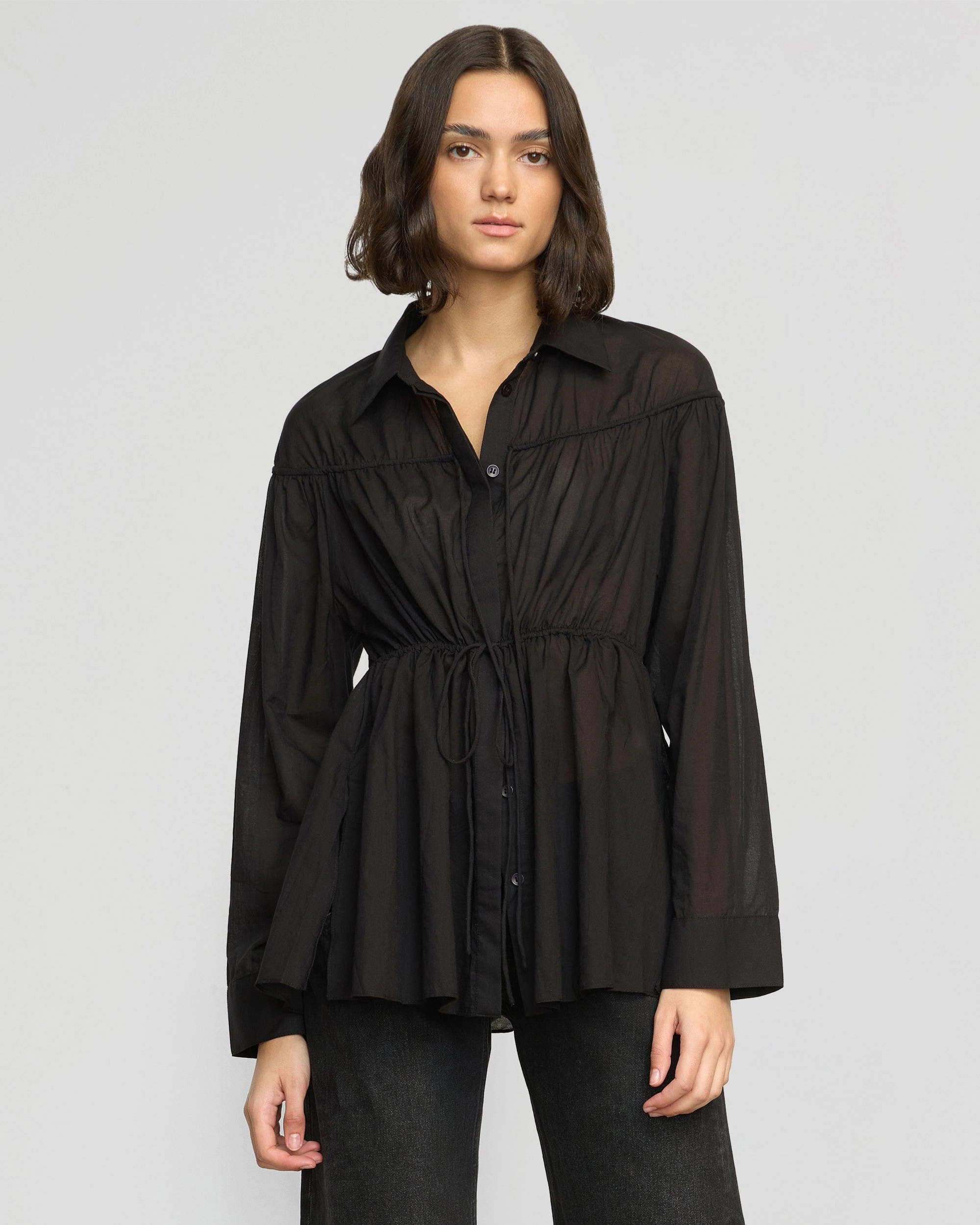 Tactile Soft Texture FadeResistantTechnology Kia Tie-Front Cotton-Silk Tunic Blouse