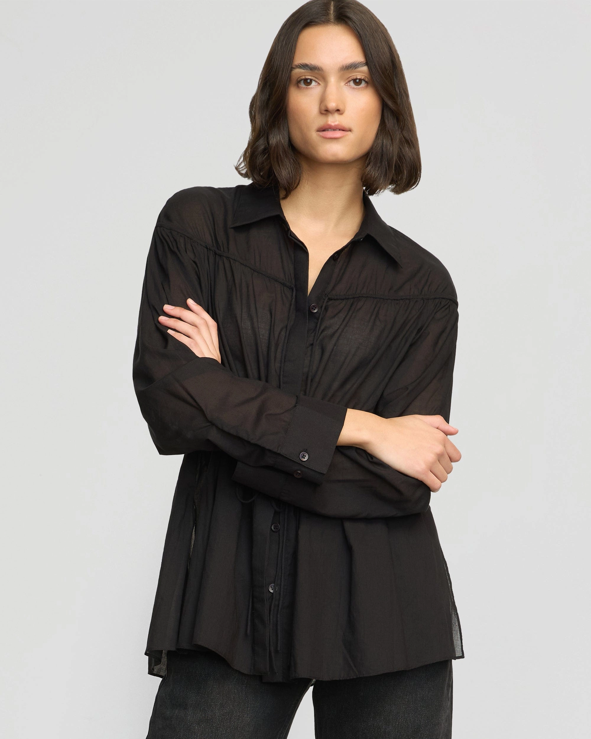 Kia Tie-Front Cotton-Silk Tunic Blouse Fitted Blouse