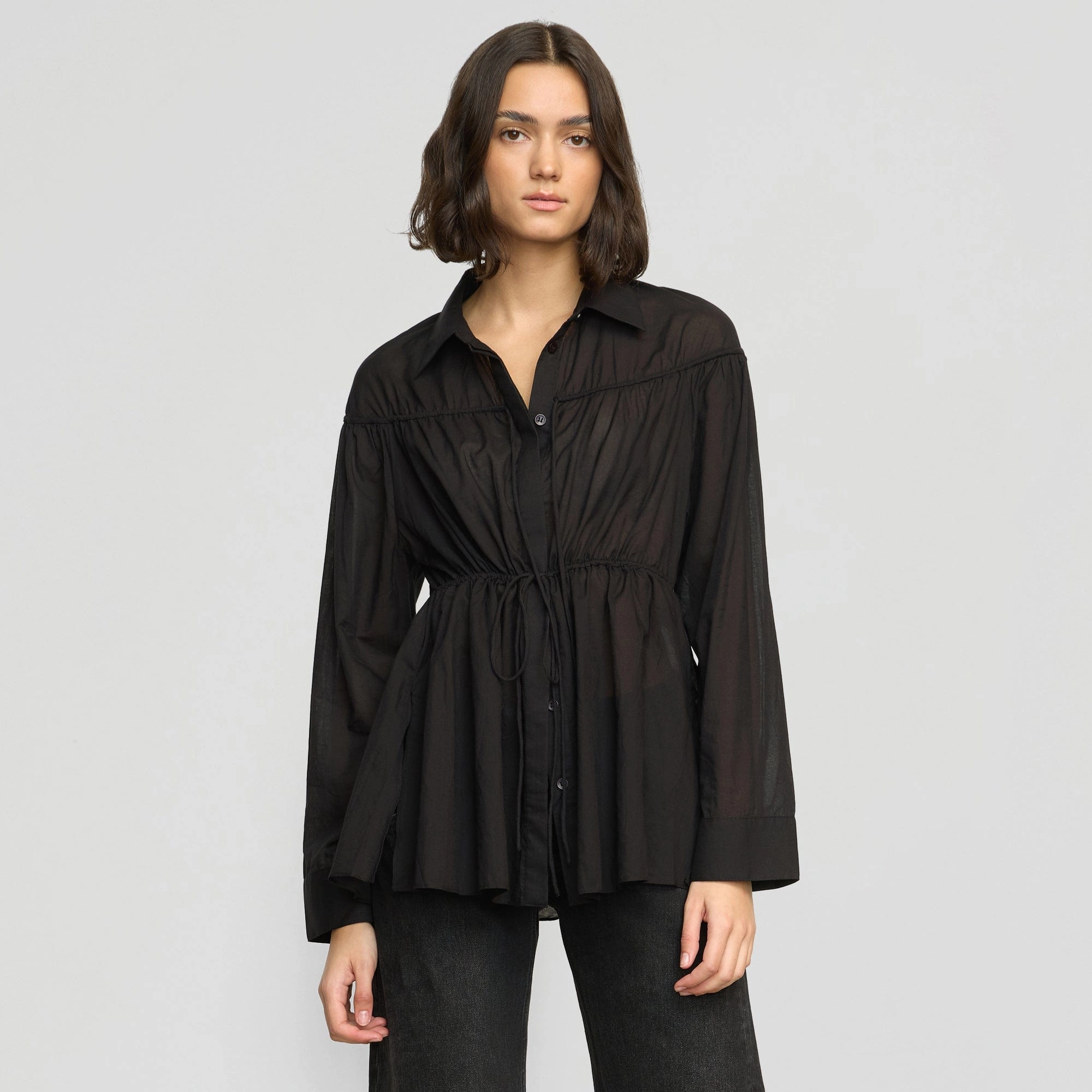 Kia Tie-Front Cotton-Silk Tunic Blouse HypoallergenicConstruction Low Profile Collar