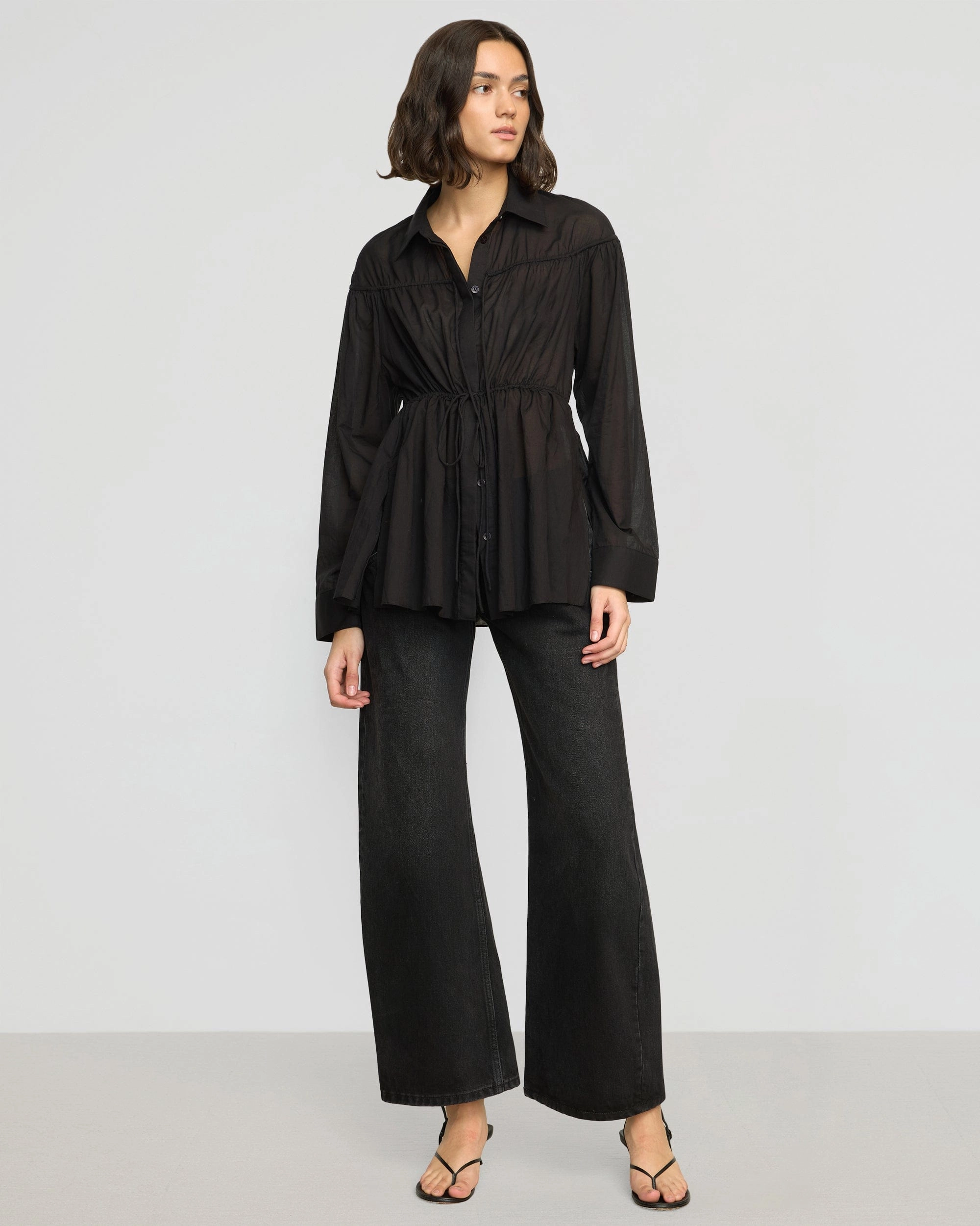 High Neckline Structure AllDaySoftness Kia Tie-Front Cotton-Silk Tunic Blouse