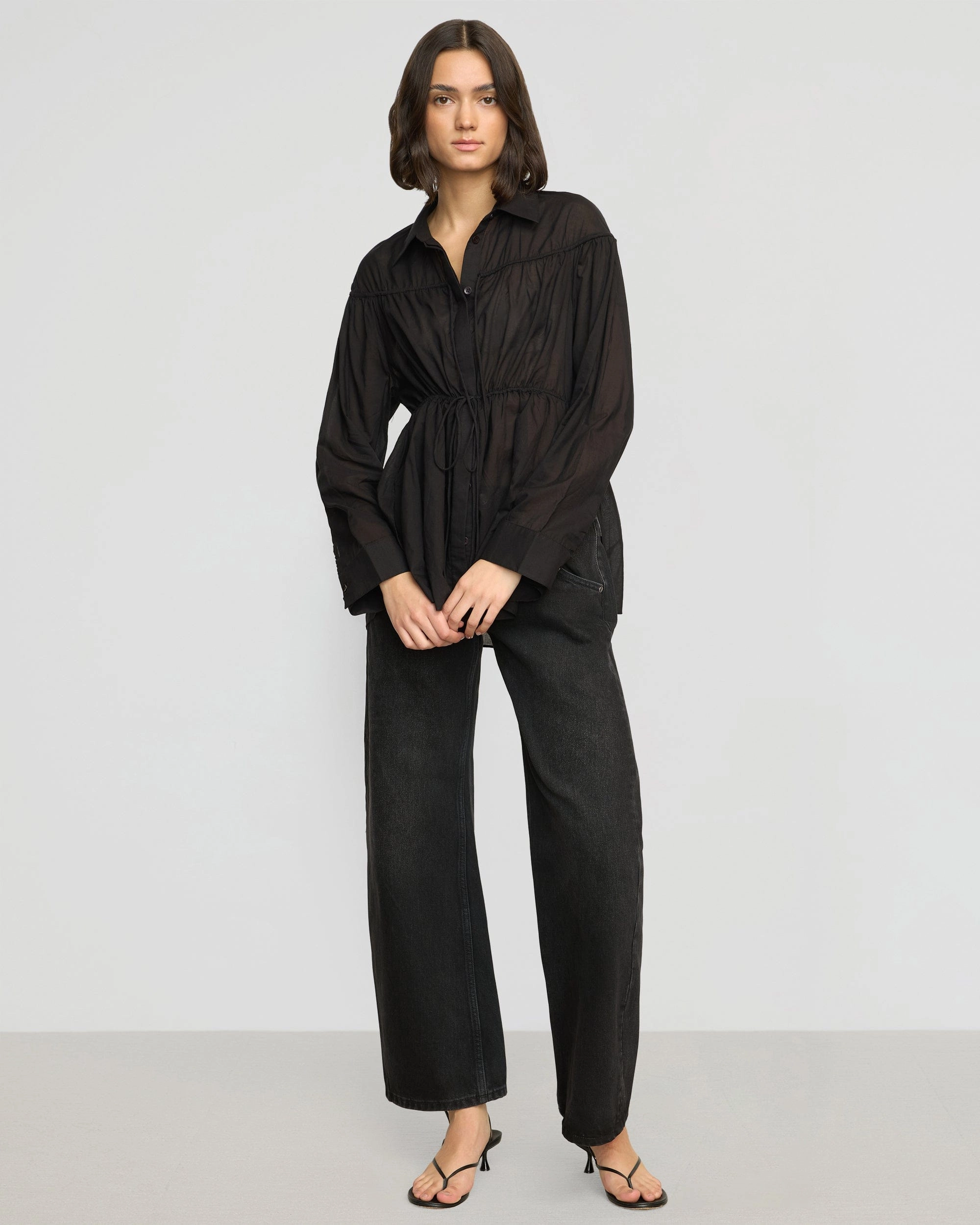 Kia Tie-Front Cotton-Silk Tunic Blouse Basic Dress Oversized Collar