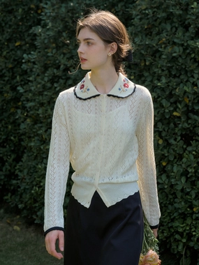 MachineWashable Shay Peter Pan Collar Embroidered Contrast Cutout Cardigan-Apricot