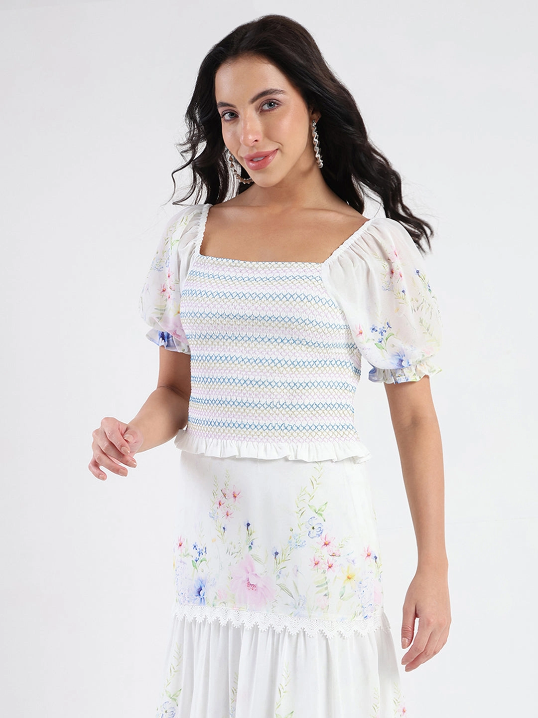 Madame Chiffon Smoking Contrast Threads Printed White Top Snag Proof Weave