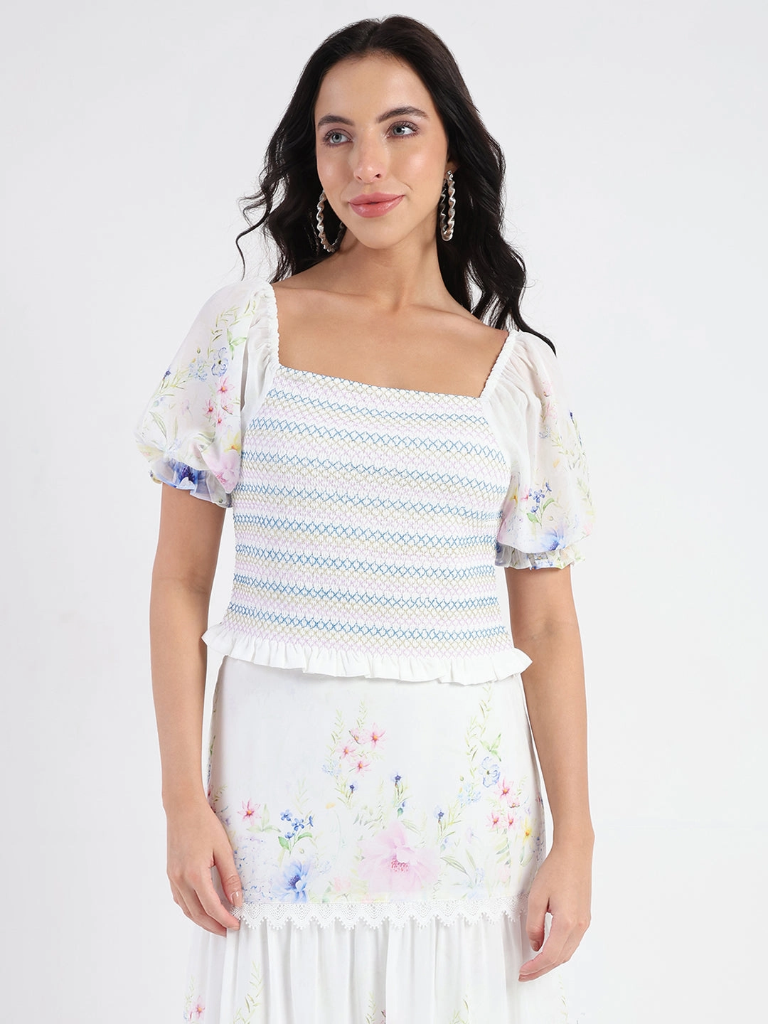 Madame Chiffon Smoking Contrast Threads Printed White Top Soft Cotton