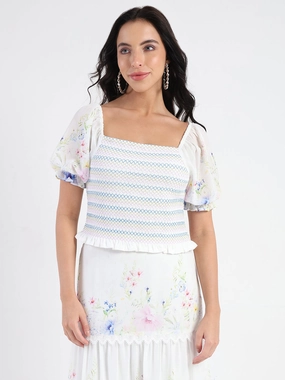 Madame Chiffon Smoking Contrast Threads Printed White Top Soft Cotton