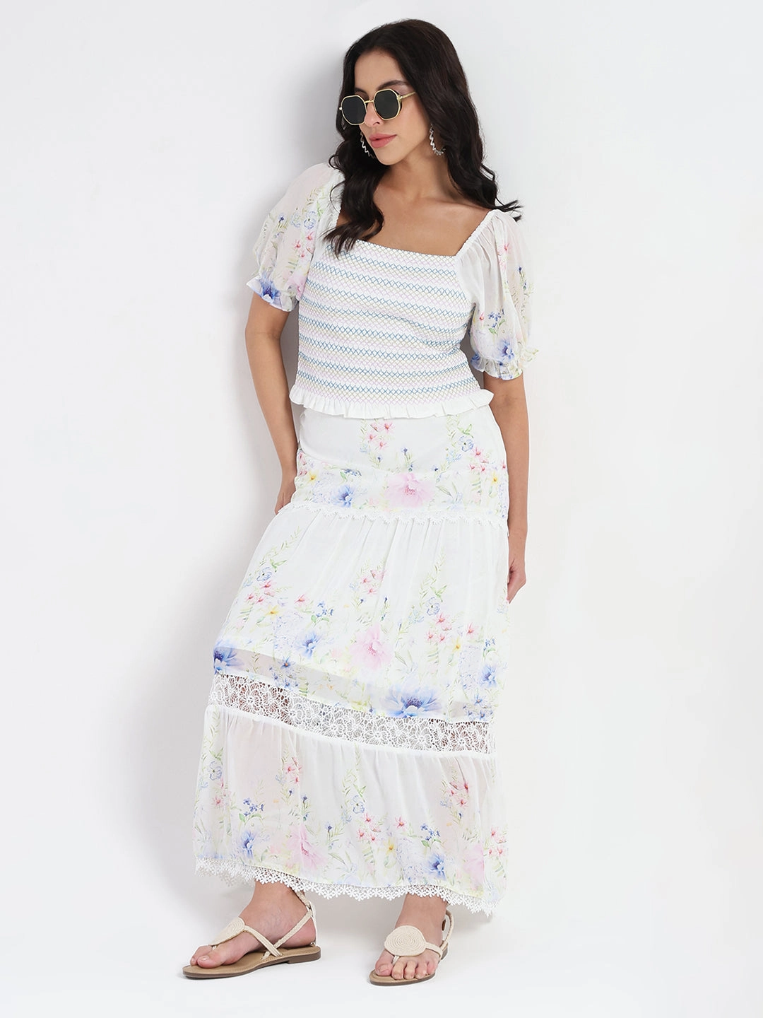 Cozy Blouse Contoured Side Panels Madame Chiffon Smoking Contrast Threads Printed White Top