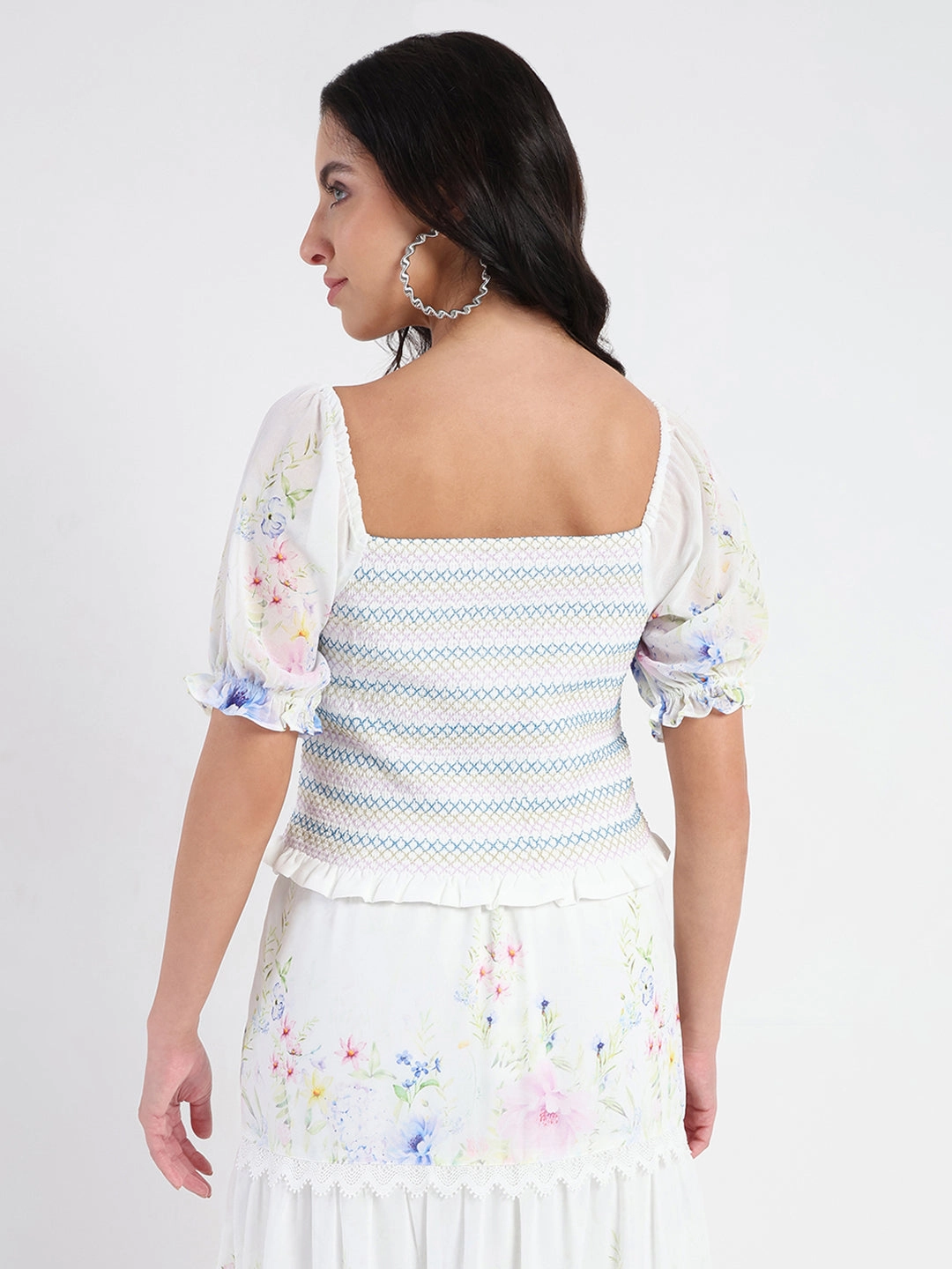 Madame Chiffon Smoking Contrast Threads Printed White Top MultiFunctionalDesign Quick Dry Performance