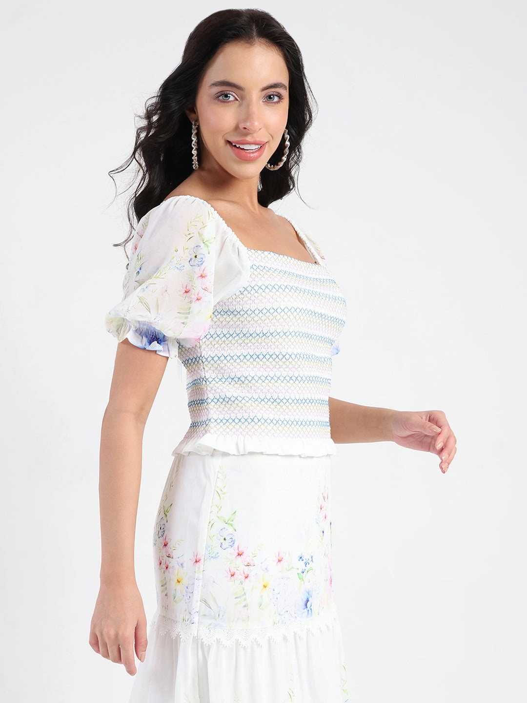 Madame Chiffon Smoking Contrast Threads Printed White Top BreathableMeshPanels