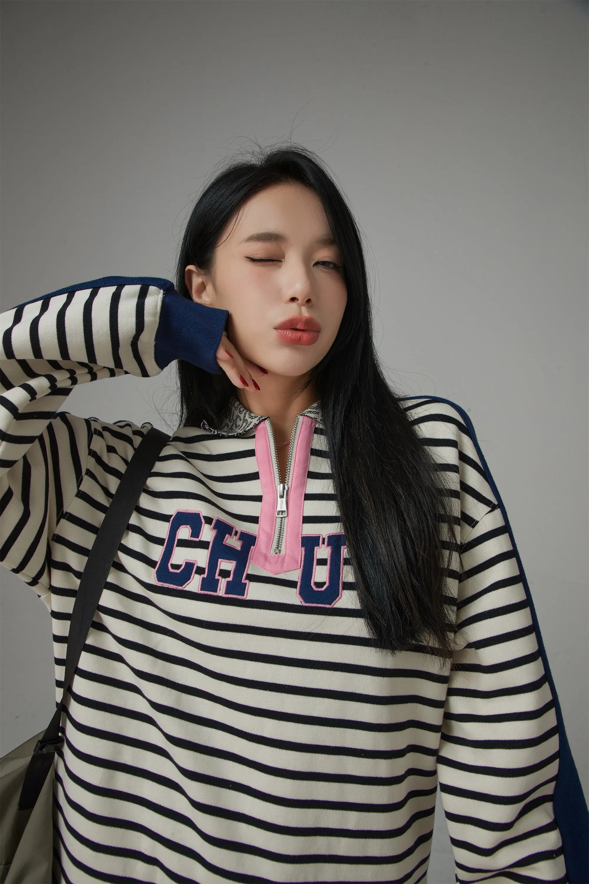 I Like You Half Zip-Up Color Stripe Sweatshirt
