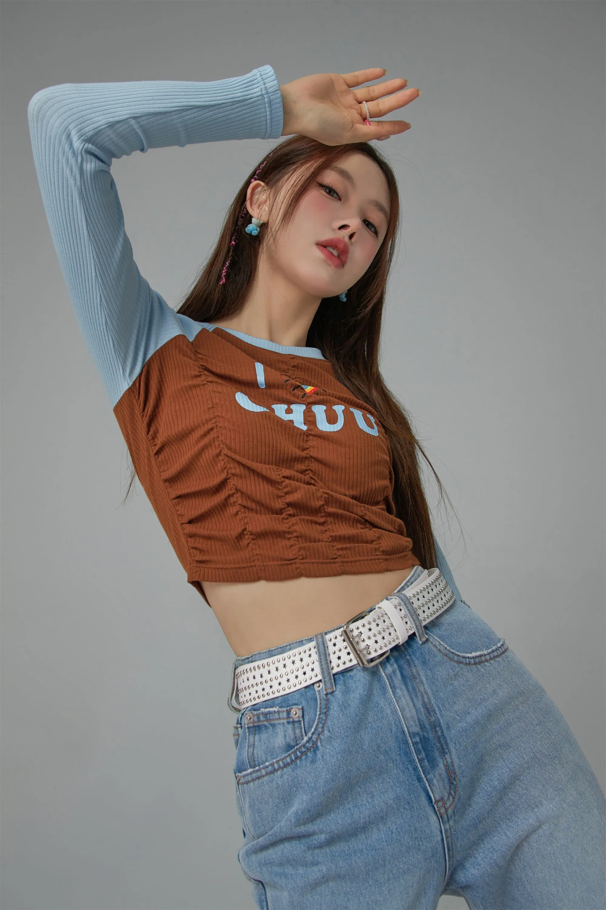 I Love Chuu Raglan Cropped Shirring T-Shirt