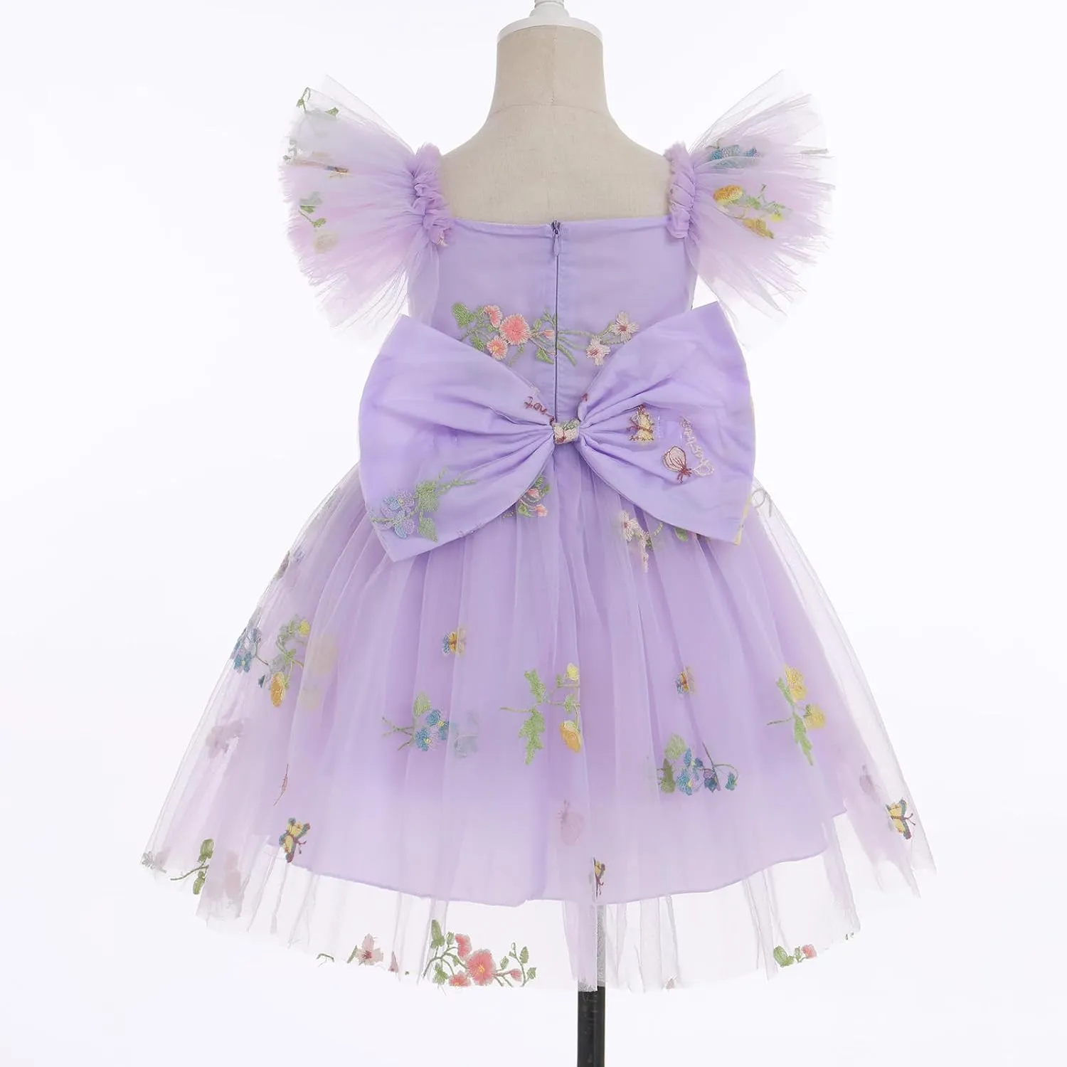 IBTOM CASTLE Flower Girl Ruffe Dress Floral Embroidery Princess Flutter Sleeve Party Dress Bowknot Wedding Bridesmaid