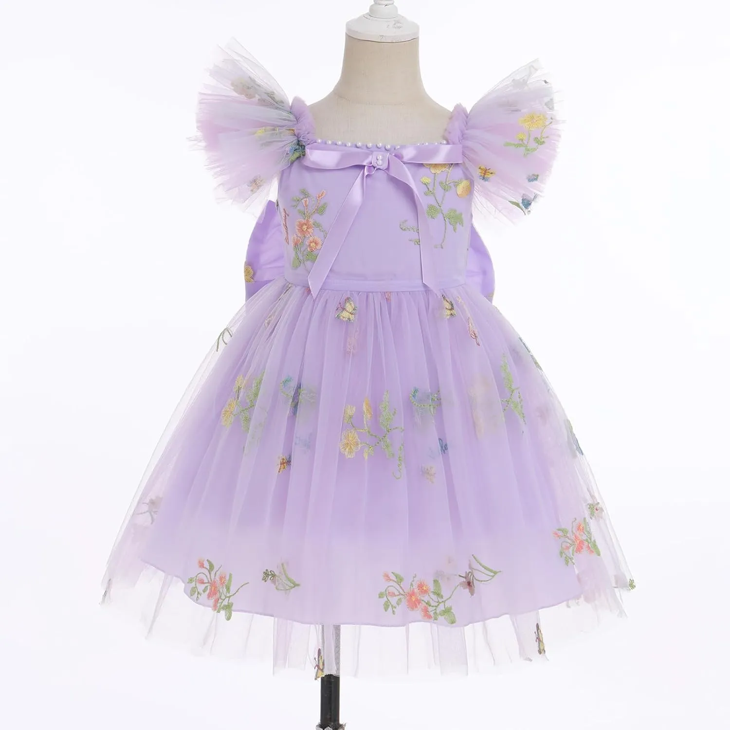 IBTOM CASTLE Flower Girl Ruffe Dress Floral Embroidery Princess Flutter Sleeve Party Dress Bowknot Wedding Bridesmaid