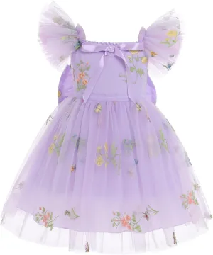 IBTOM CASTLE Flower Girl Ruffe Dress Floral Embroidery Princess Flutter Sleeve Party Dress Bowknot Wedding Bridesmaid