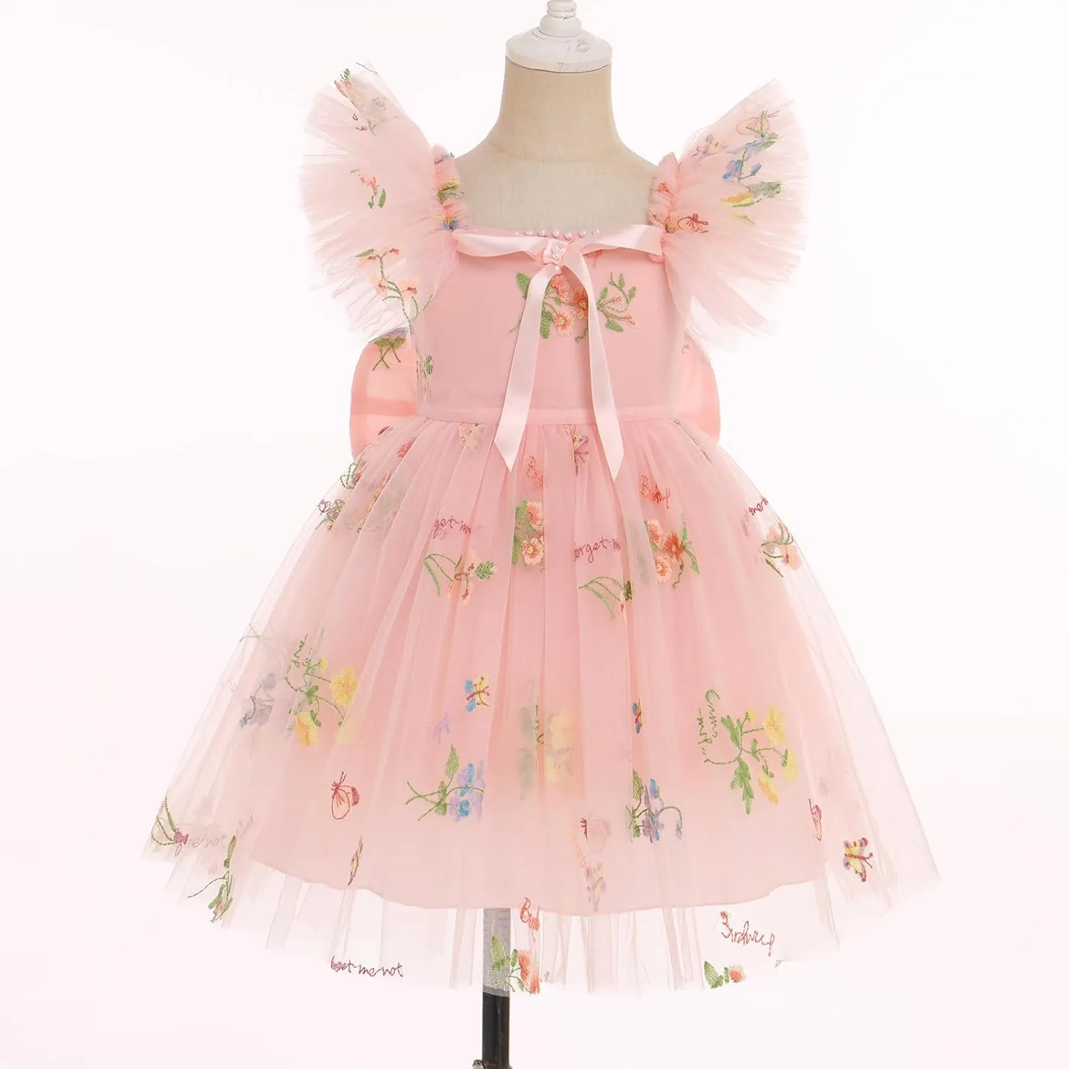 IBTOM CASTLE Flower Girl Ruffe Dress Floral Embroidery Princess Flutter Sleeve Party Dress Bowknot Wedding Bridesmaid