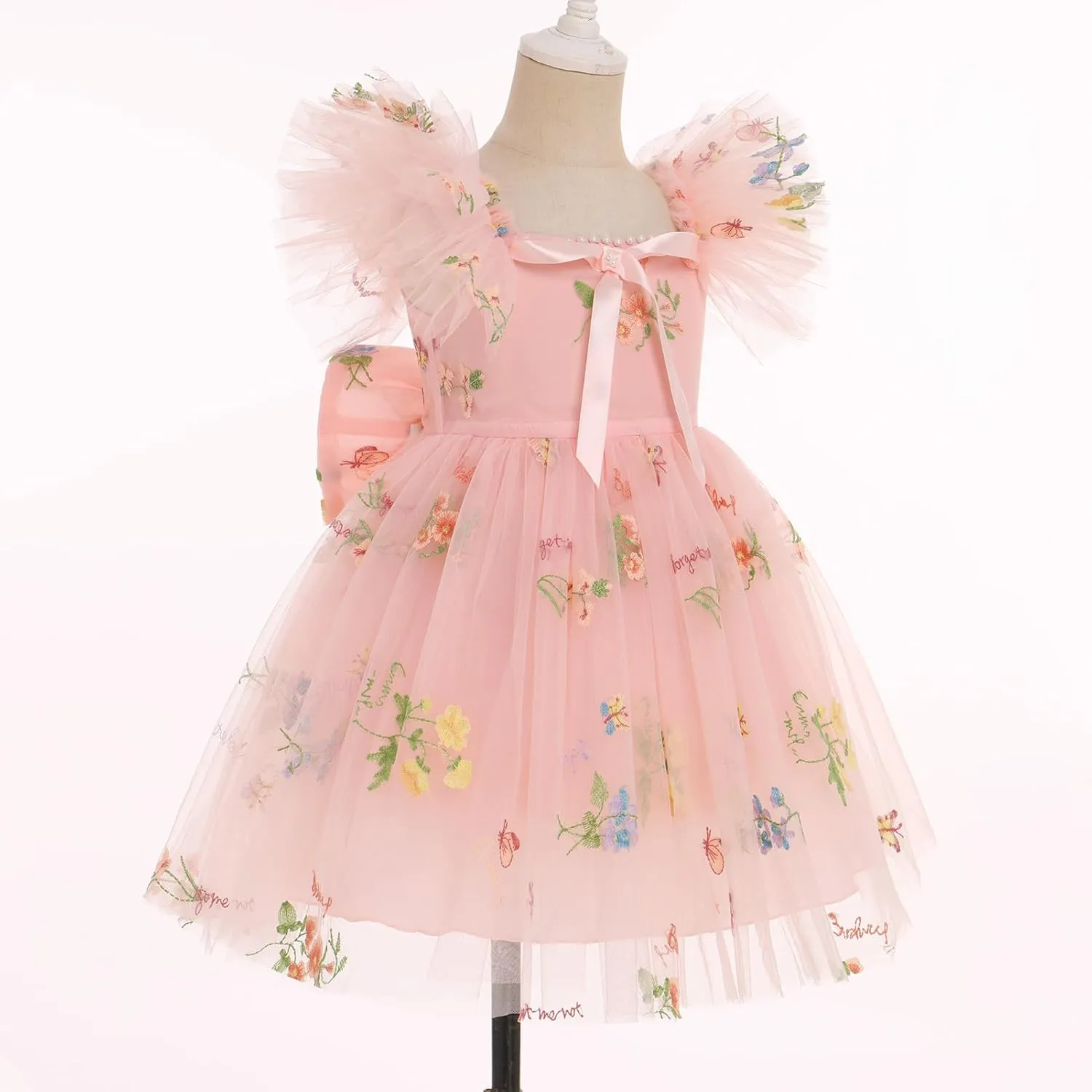 IBTOM CASTLE Flower Girl Ruffe Dress Floral Embroidery Princess Flutter Sleeve Party Dress Bowknot Wedding Bridesmaid
