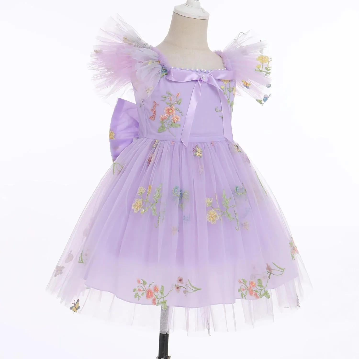 IBTOM CASTLE Flower Girl Ruffe Dress Floral Embroidery Princess Flutter Sleeve Party Dress Bowknot Wedding Bridesmaid