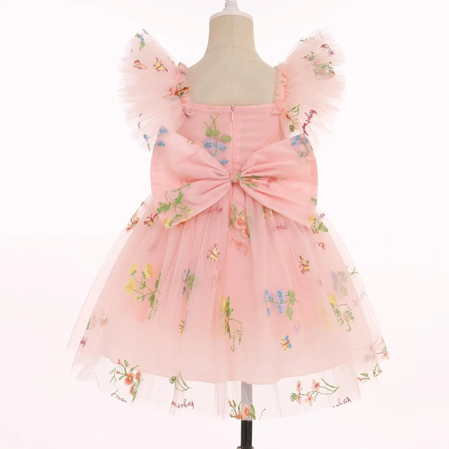 IBTOM CASTLE Flower Girl Ruffe Dress Floral Embroidery Princess Flutter Sleeve Party Dress Bowknot Wedding Bridesmaid