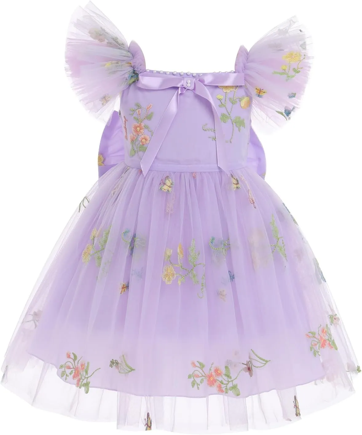 IBTOM CASTLE Flower Girl Ruffe Dress Floral Embroidery Princess Flutter Sleeve Party Dress Bowknot Wedding Bridesmaid