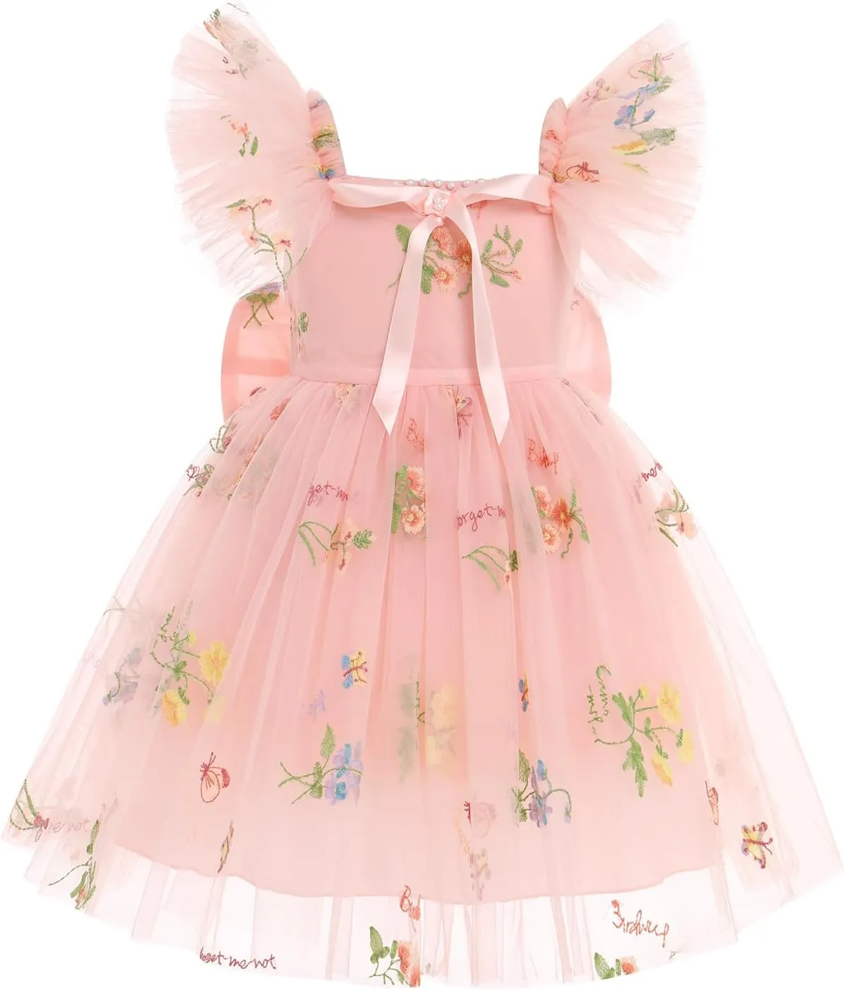 IBTOM CASTLE Flower Girl Ruffe Dress Floral Embroidery Princess Flutter Sleeve Party Dress Bowknot Wedding Bridesmaid