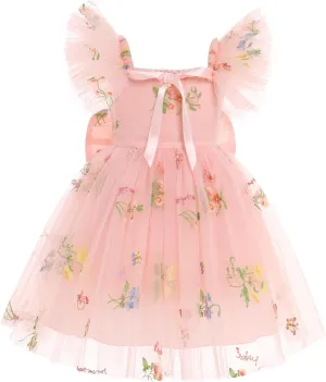 IBTOM CASTLE Flower Girl Ruffe Dress Floral Embroidery Princess Flutter Sleeve Party Dress Bowknot Wedding Bridesmaid