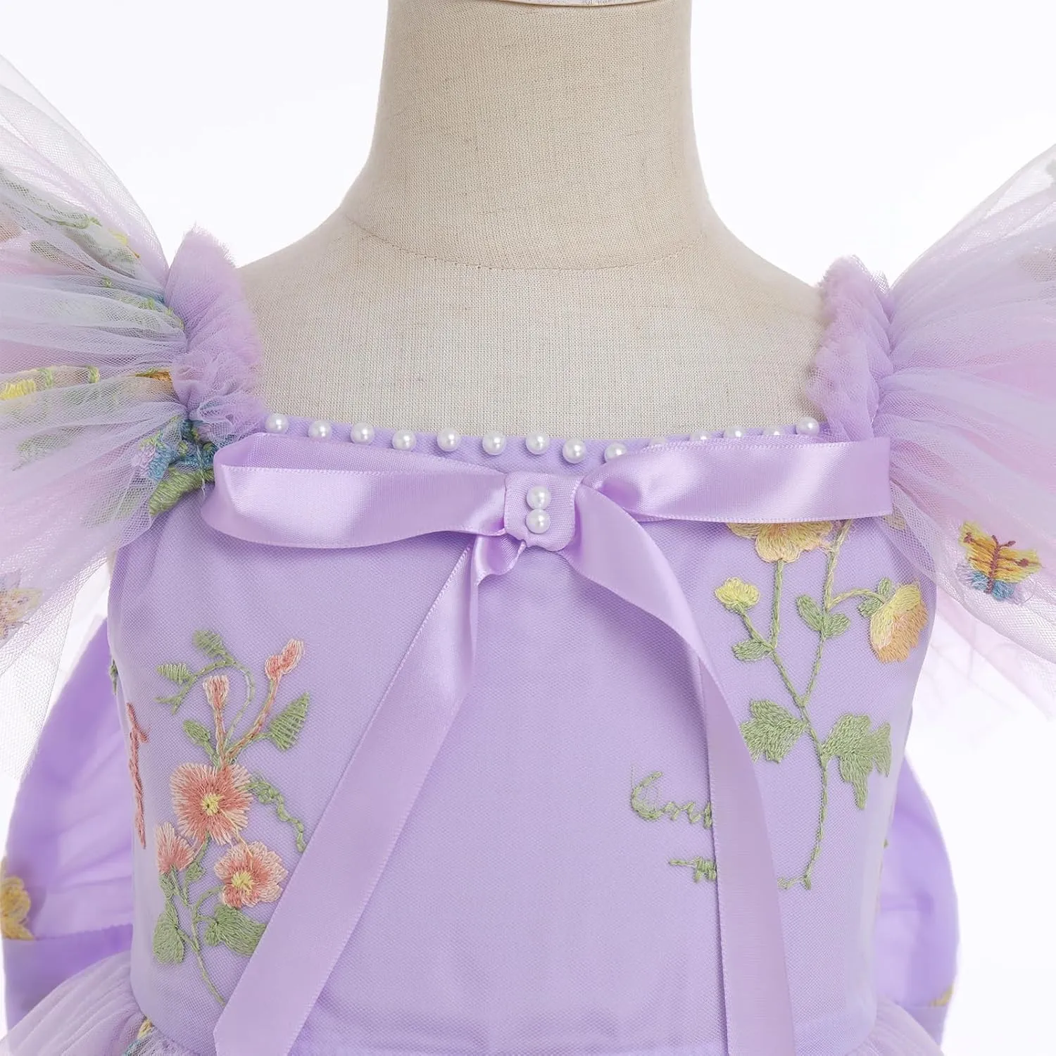 IBTOM CASTLE Flower Girl Ruffe Dress Floral Embroidery Princess Flutter Sleeve Party Dress Bowknot Wedding Bridesmaid